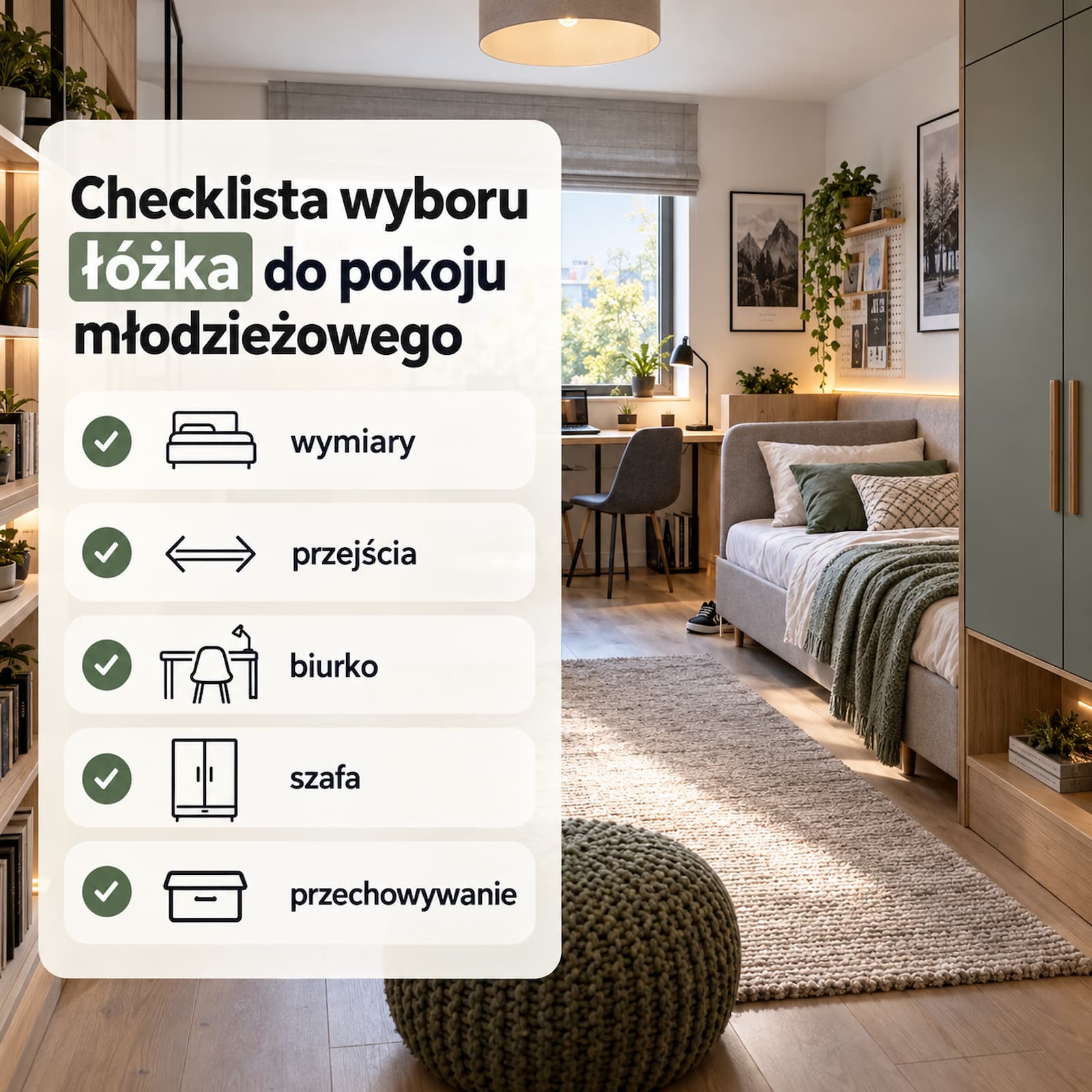 Checklista wyboru łóżka do pokoju młodzieżowego – wymiary, przejścia, biurko, szafa i przechowywanie
