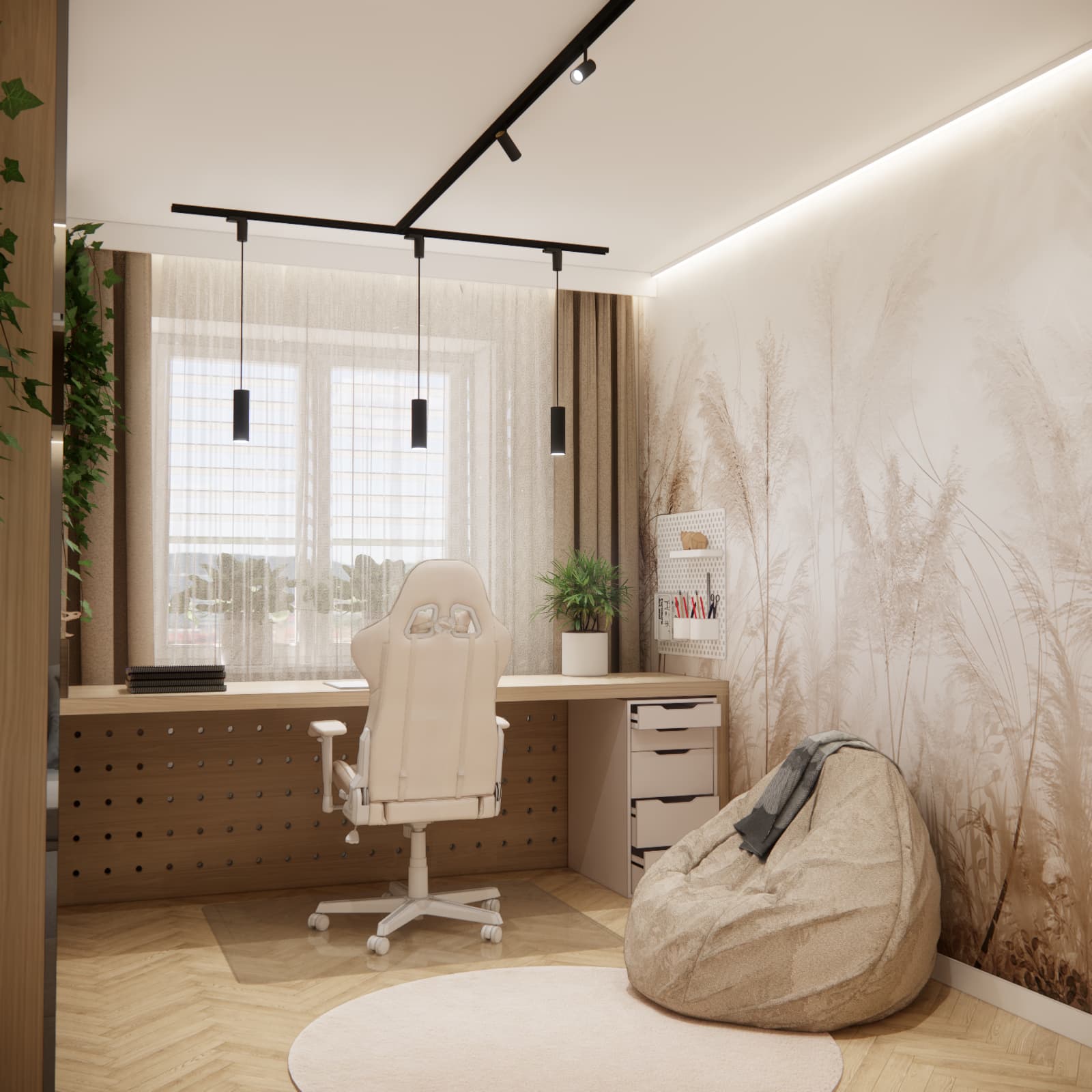 7-year-old Laura's beige room with a desk beneath the window, a beanbag and grass-patterned wallpaper