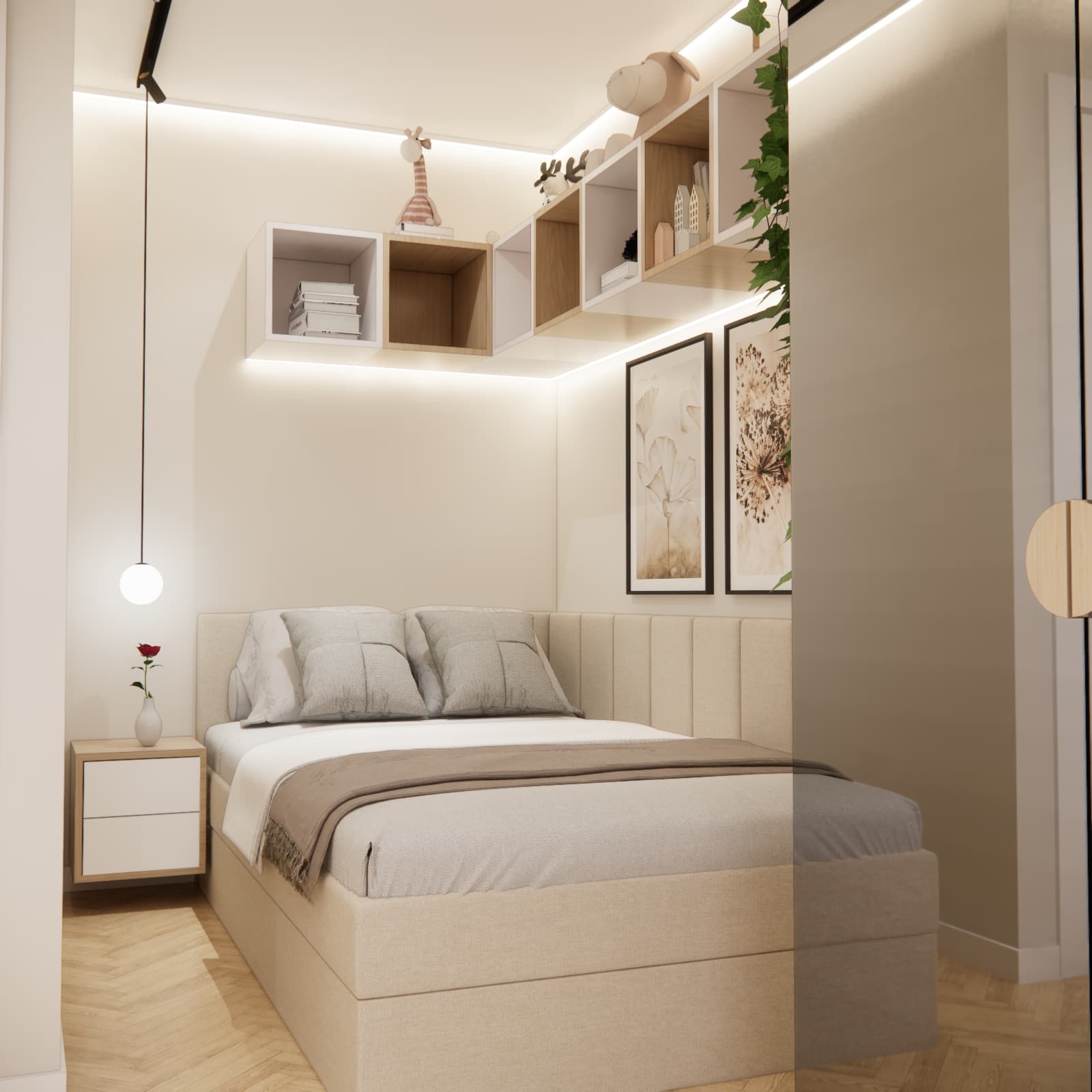 Beige upholstered bed with a bedside cabinet, globe pendant light and open shelves above the headboard