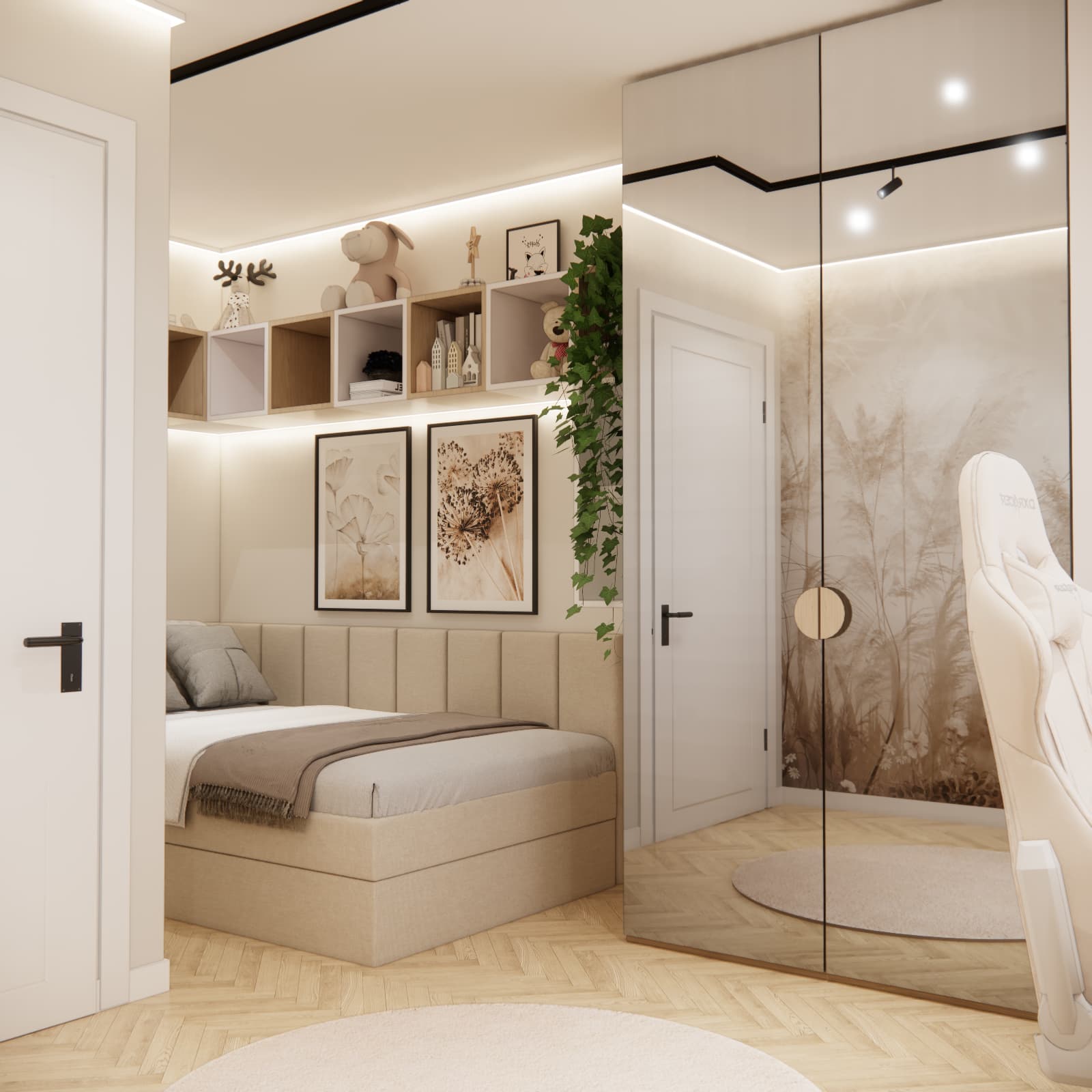 Sleeping area with beige upholstery and toy shelves beside a mirrored wardrobe