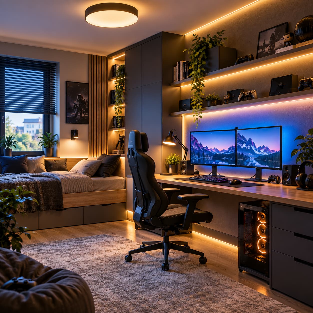 Oświetlenie pokoju gamingowego z lampą biurkową i LED za monitorem