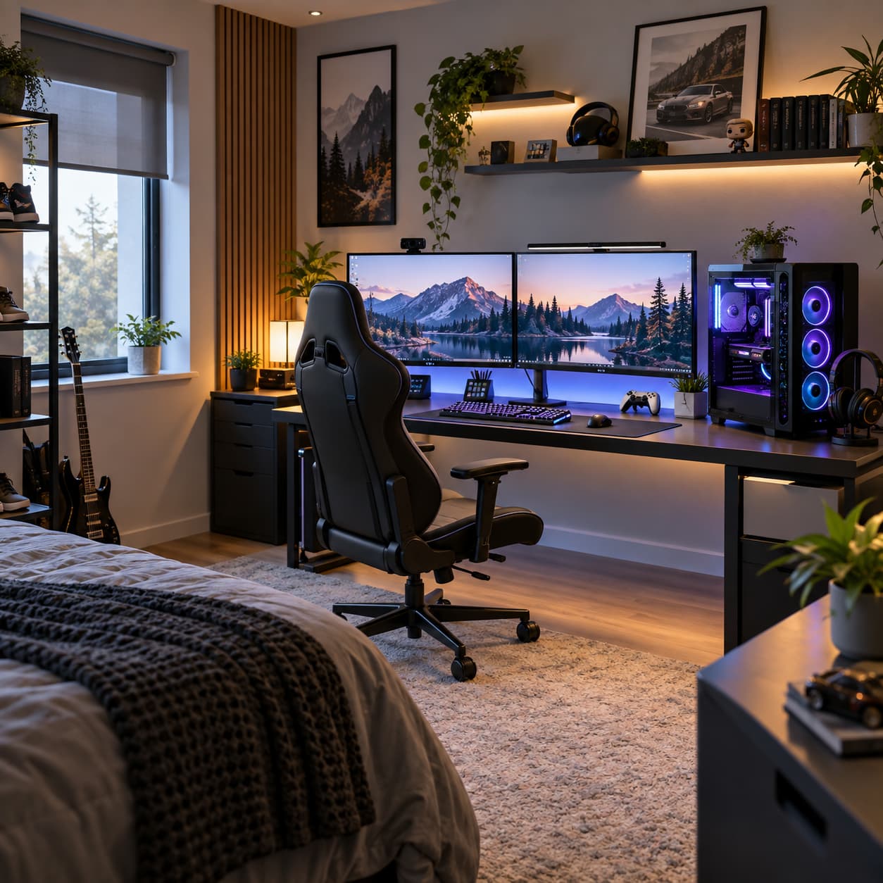 Oświetlenie pokoju gamingowego nastolatka z LED RGB i światłem za monitorem