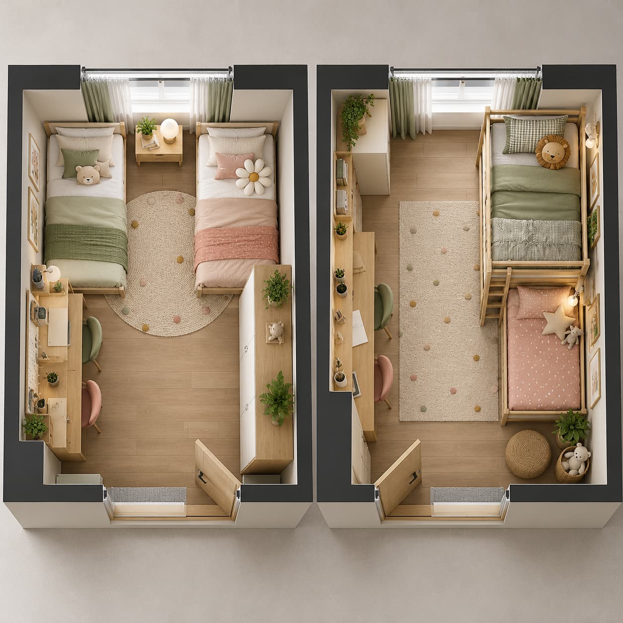 Widok z góry pokoju 10 m² z porównaniem dwóch układów funkcjonalnych.