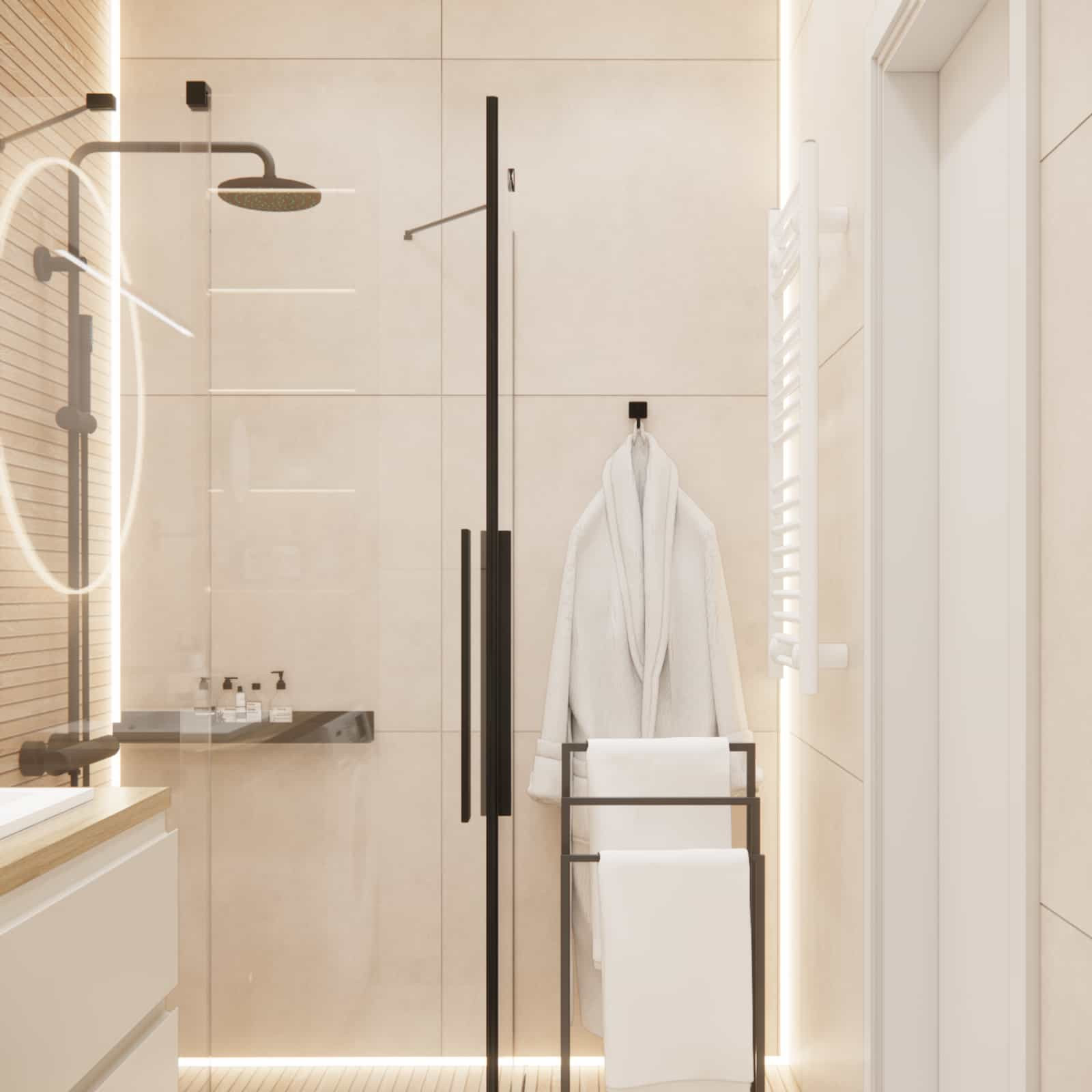Prysznic walk-in w małej łazience 4,62 m2 z lamelami i czarną armaturą