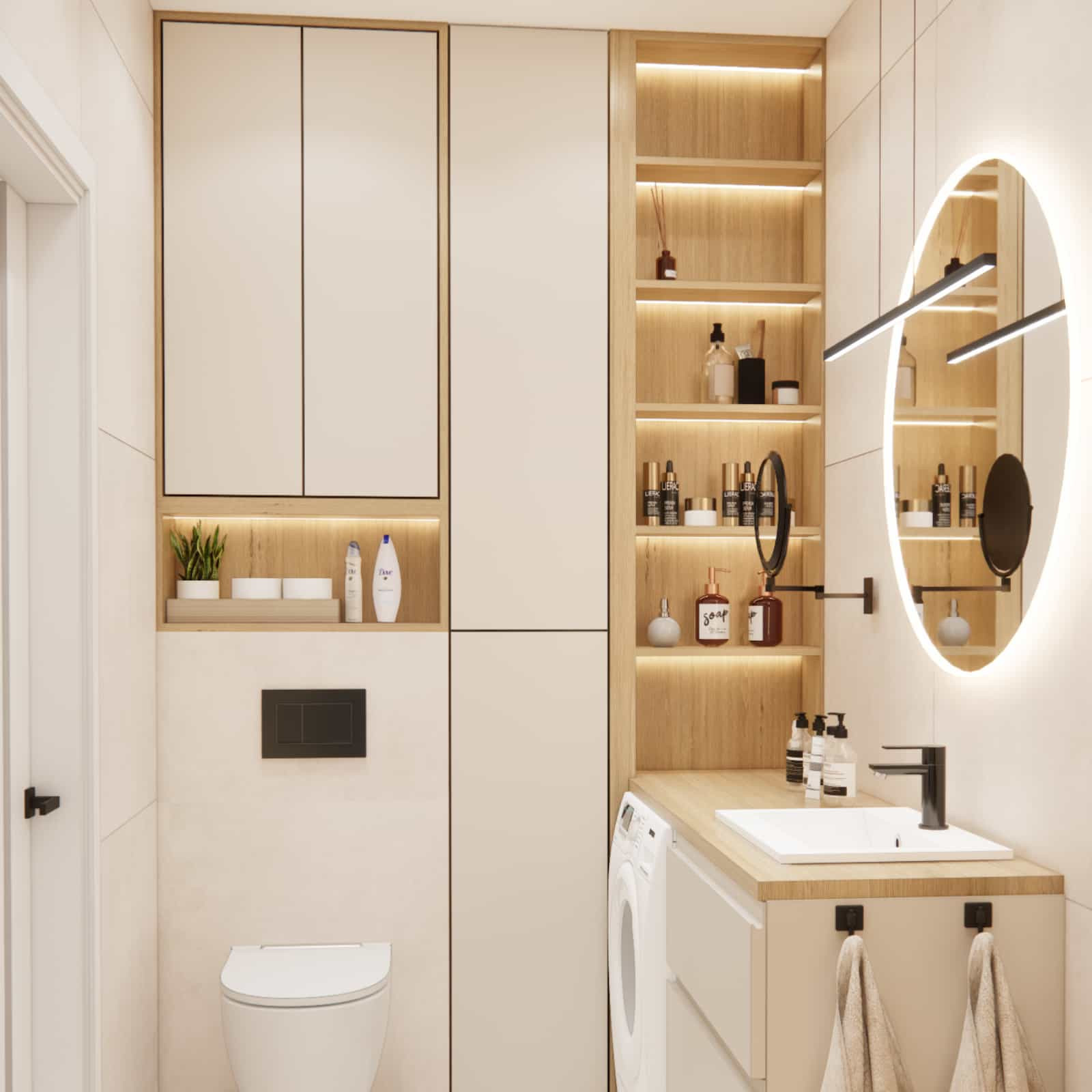 Zabudowa pod sufit w małej łazience 4,62 m2 – pralka w zabudowie i pełnowysoka szafa