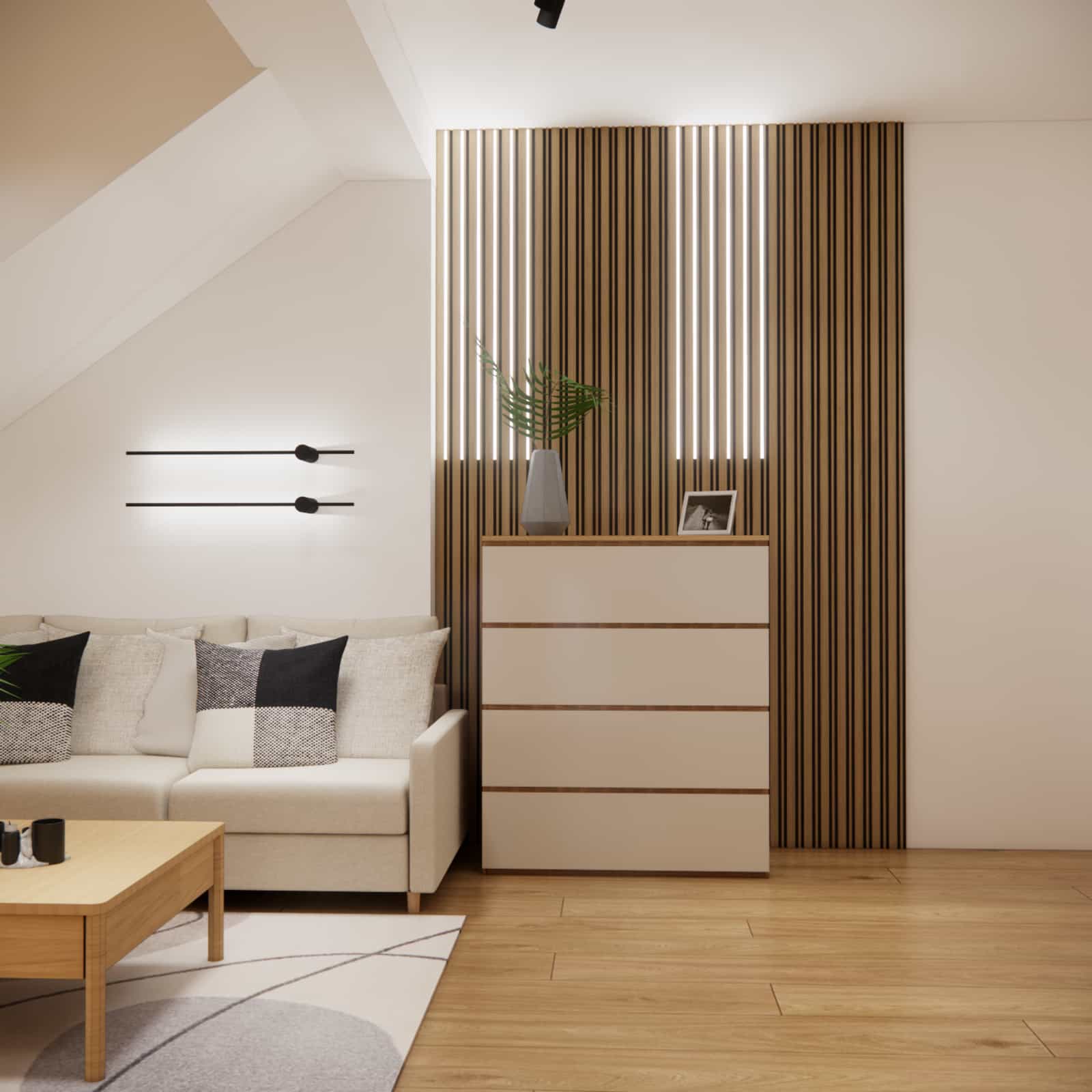 wooden slats decorative wall LED lighting modern teenage room interior design