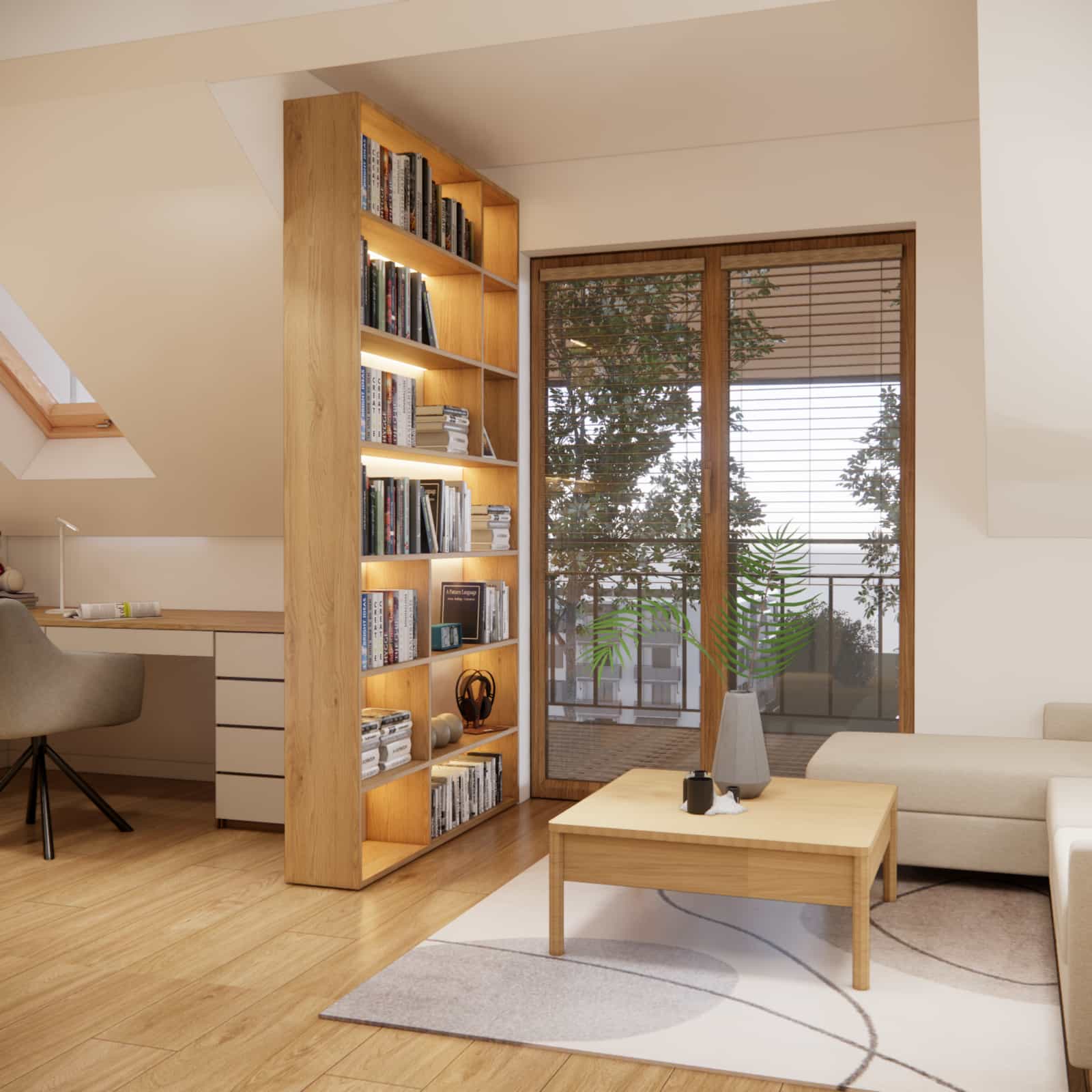 modern interior design teenage room bookshelf with LED lighting wood and beige tones