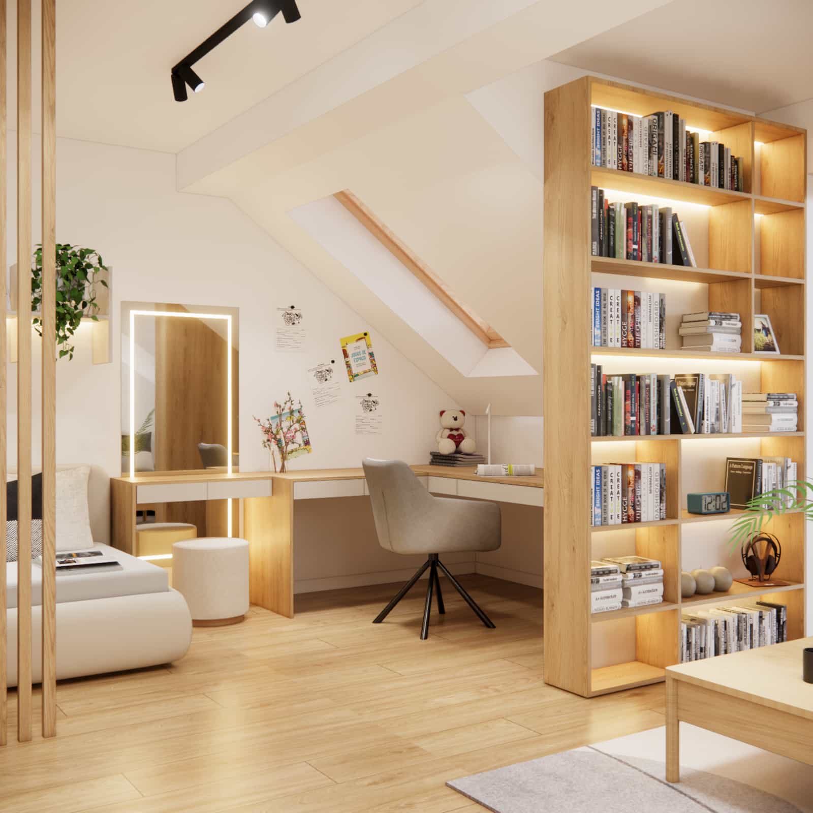 teenage girl room 14 years old 25m2 modern interior design corner desk vanity under sloped ceiling