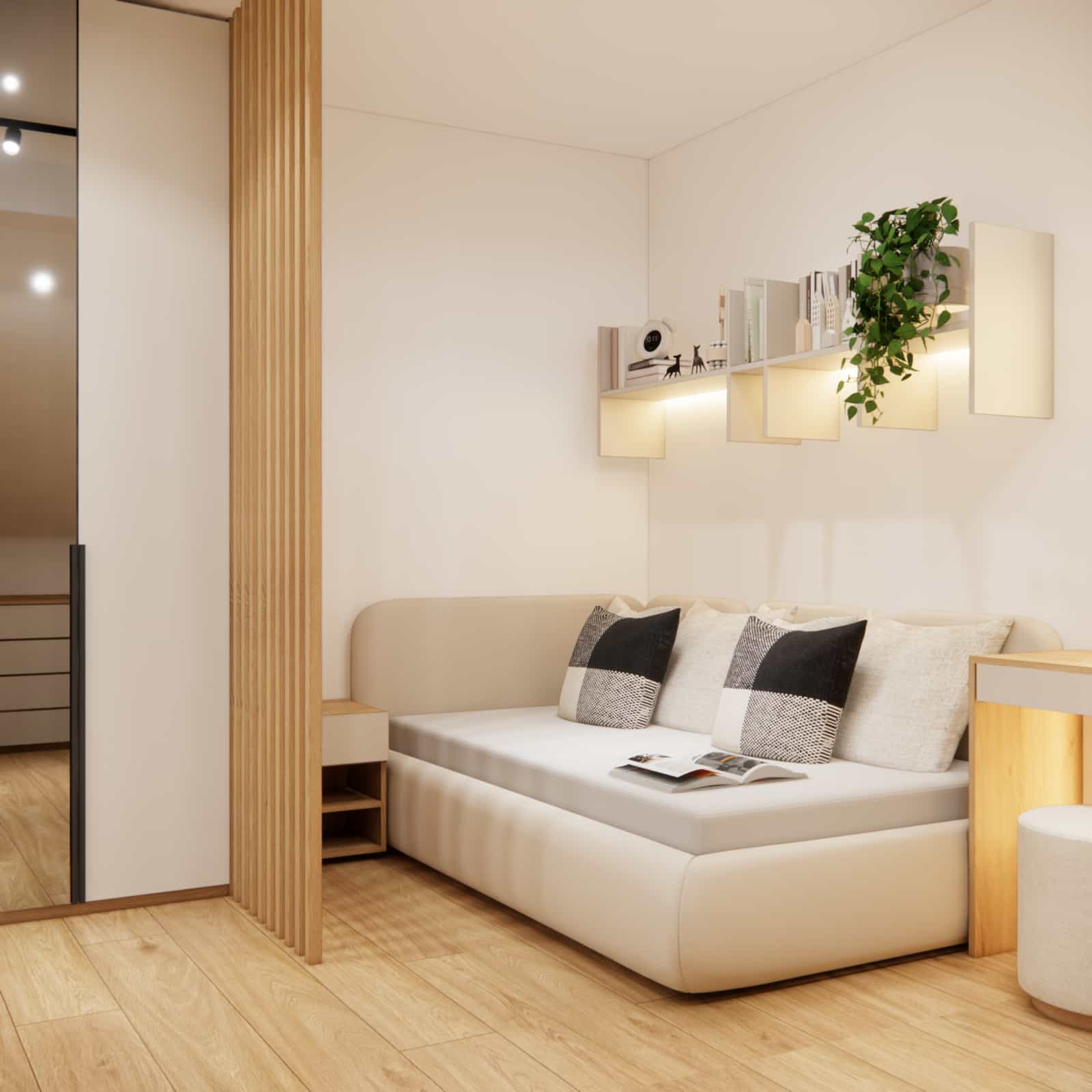 teenage room zoning wooden slats corner sofa interior design