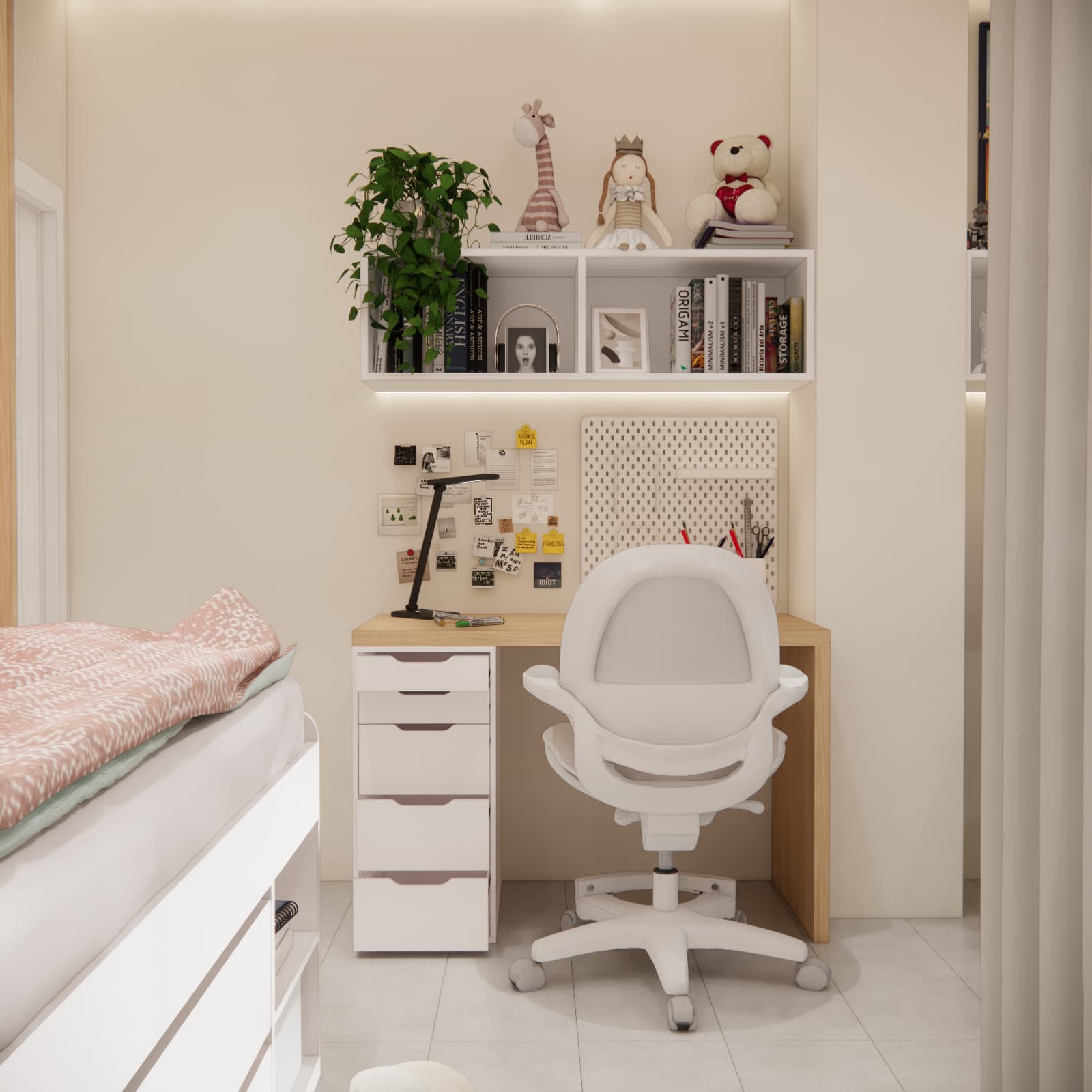 A desk with a white chair, drawers and a pegboard beside the bed