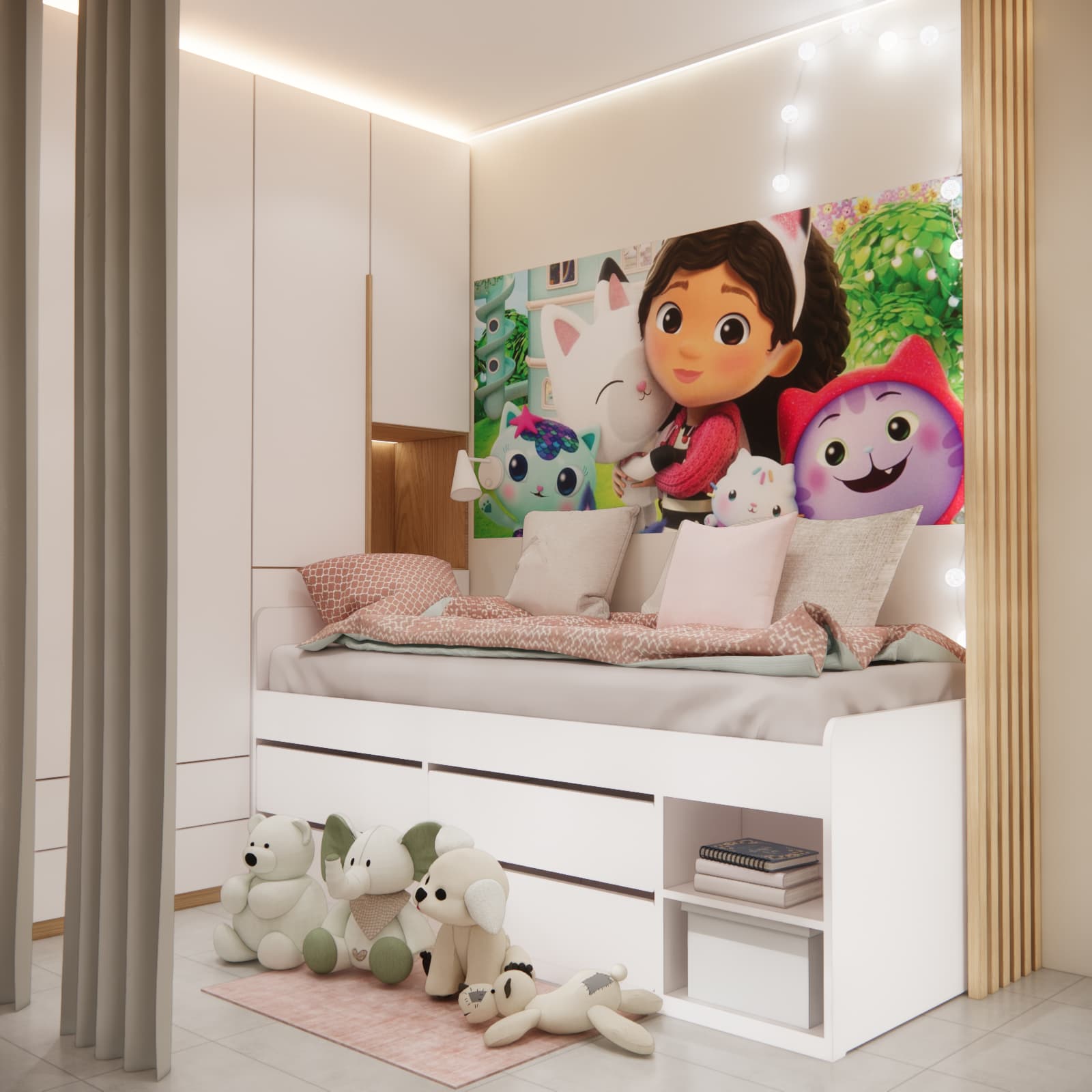 A white bed with drawers, soft toys and a cartoon wall design in the children’s sleeping area