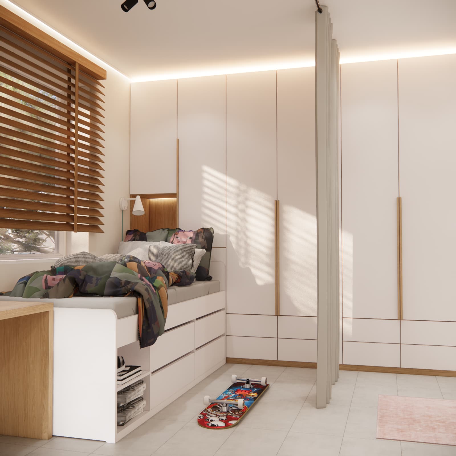 Light-coloured wardrobes with long handles beside a bed beneath the window in a room for two children