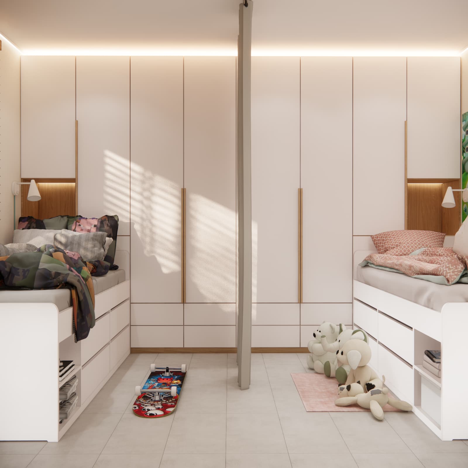 Two separate beds on opposite sides of the room, with tall fitted storage and a curtain in the centre