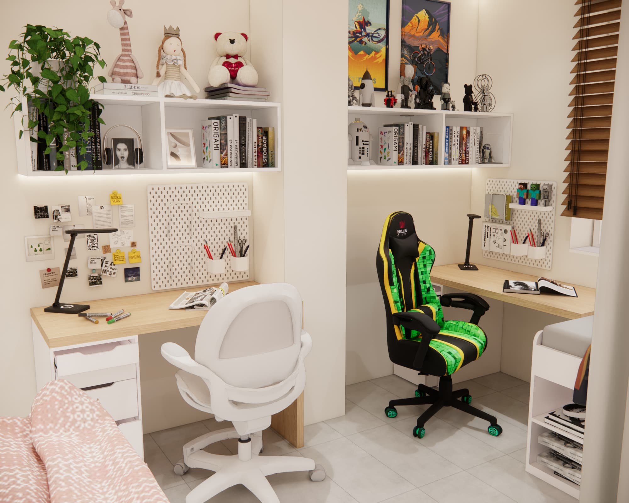 Two study spaces with separate lamps, shelves and pegboards for stationery