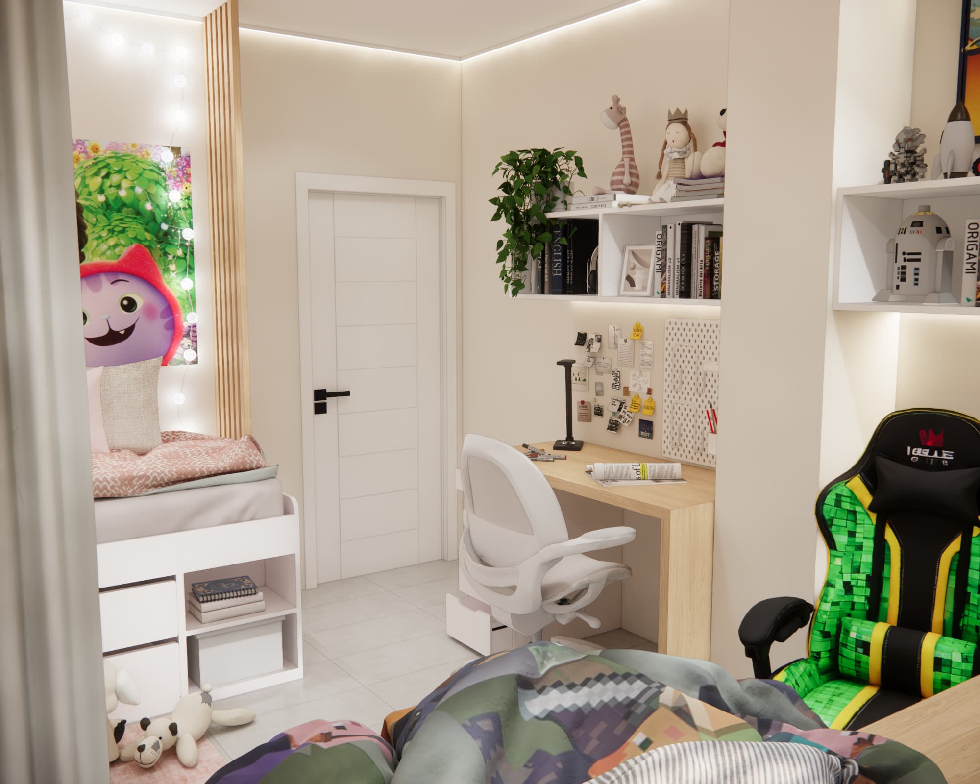 View from the bed towards two desks, shelves and a white door in the shared bedroom