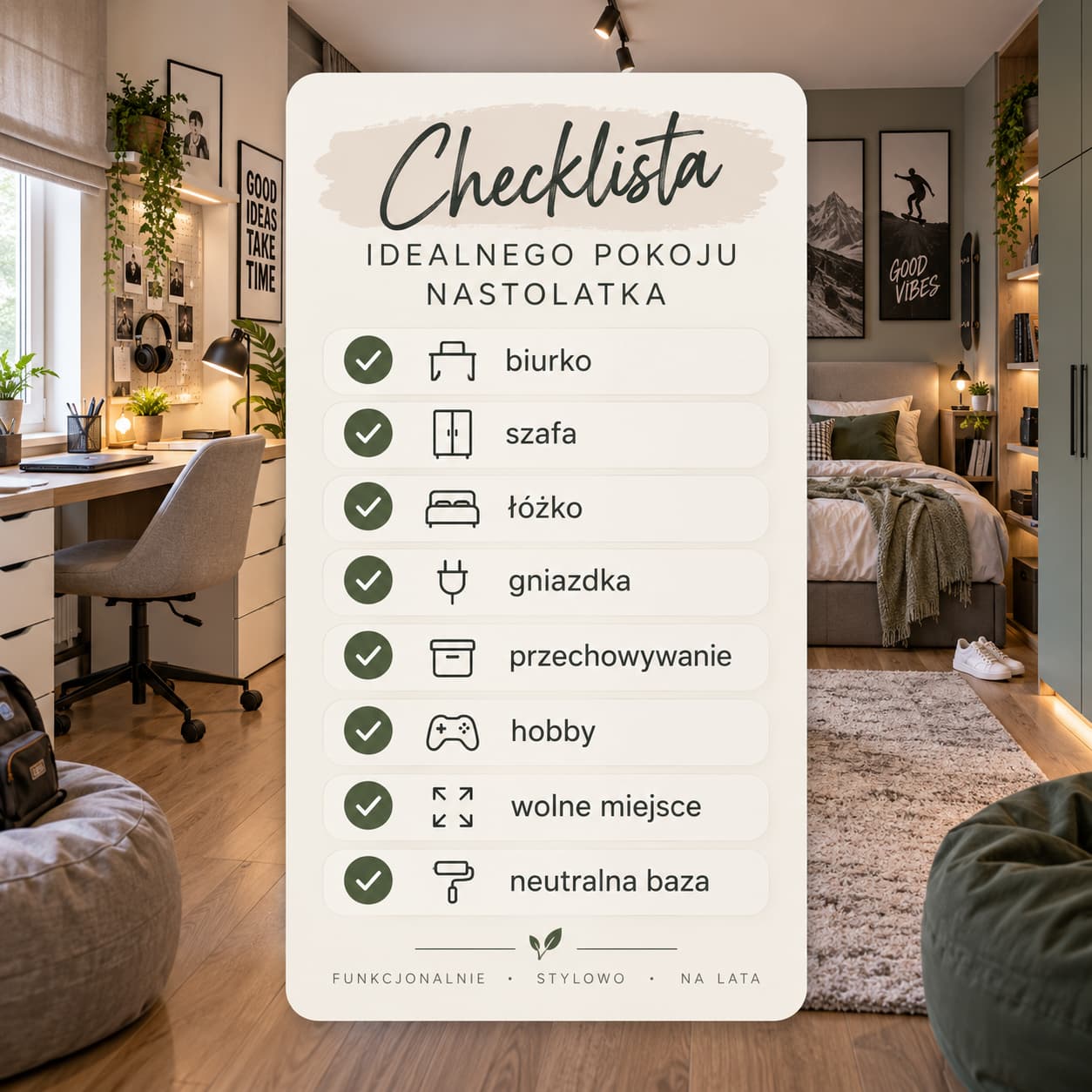 Checklista pokoju młodzieżowego na lata – biurko, szafa, łóżko, gniazdka, przechowywanie i neutralna baza