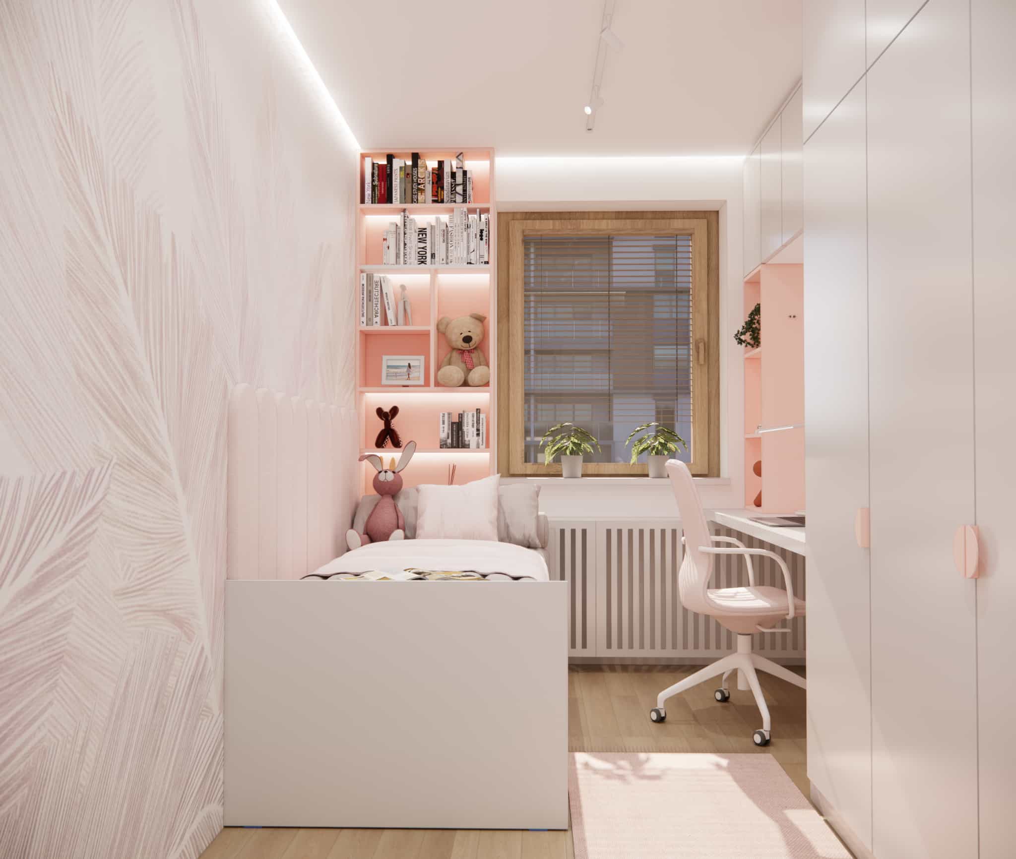 Full view of a pink 9 m2 room for an 11-year-old girl with a desk, bed, and wardrobe