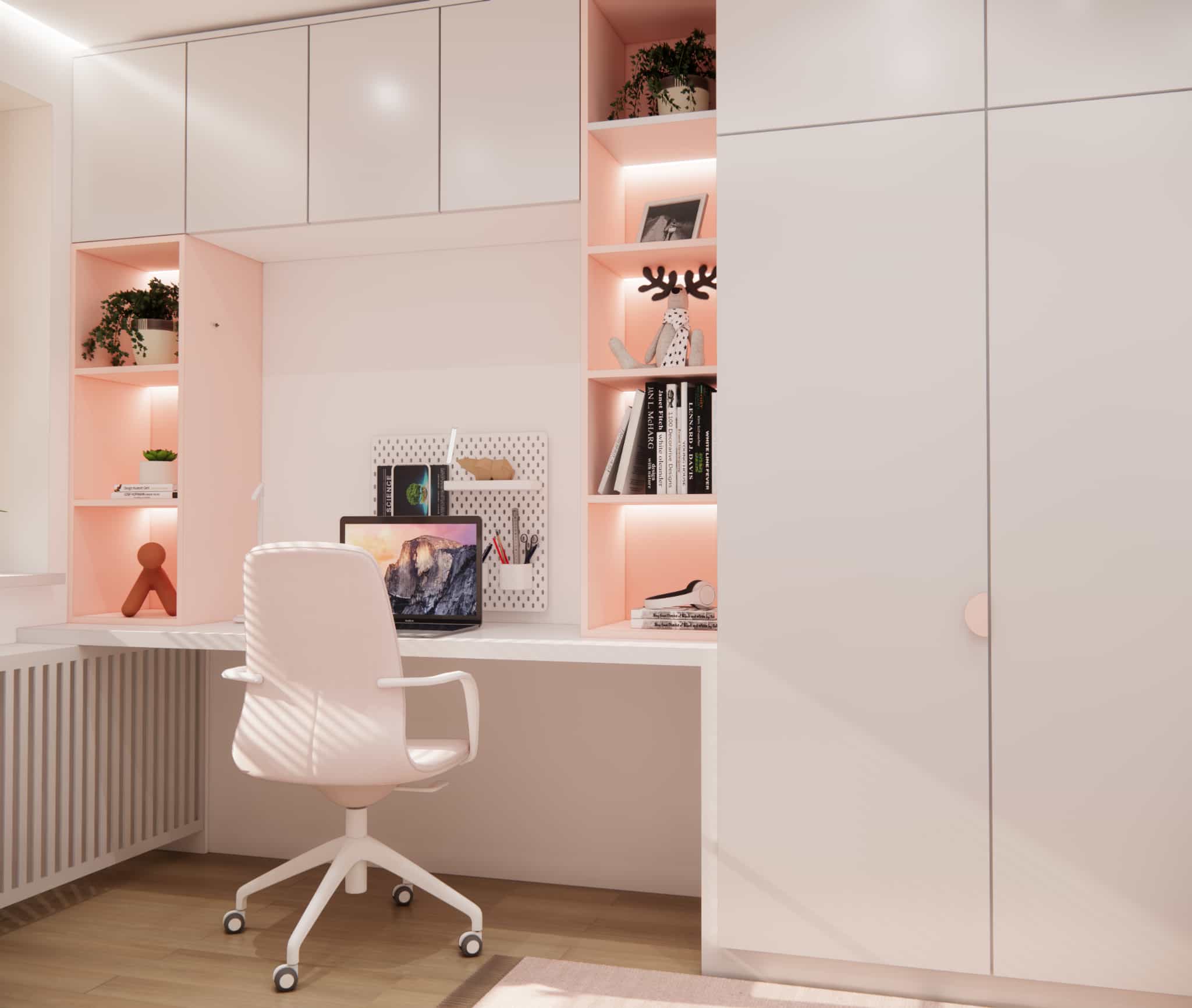 Built-in unit with a desk, shelves, and wall cabinets in pastel pink in a girl's room