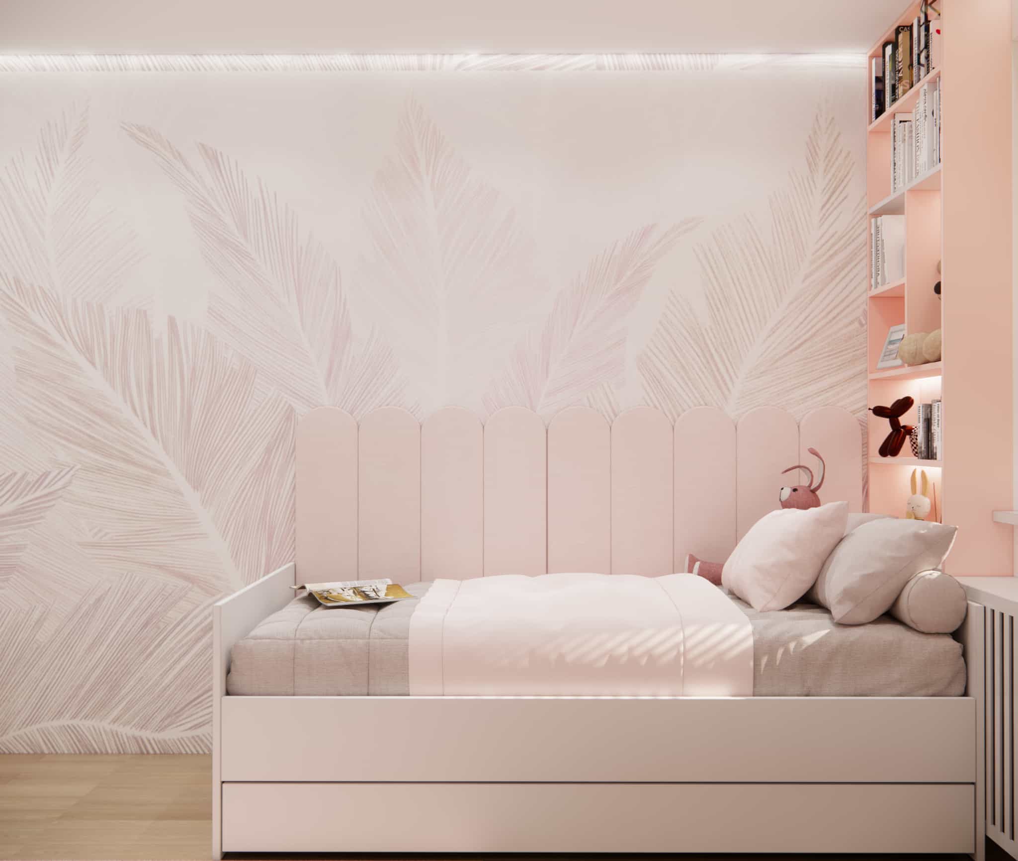 Pink bed with soft bedding and decorative leaf wallpaper in a girl's room