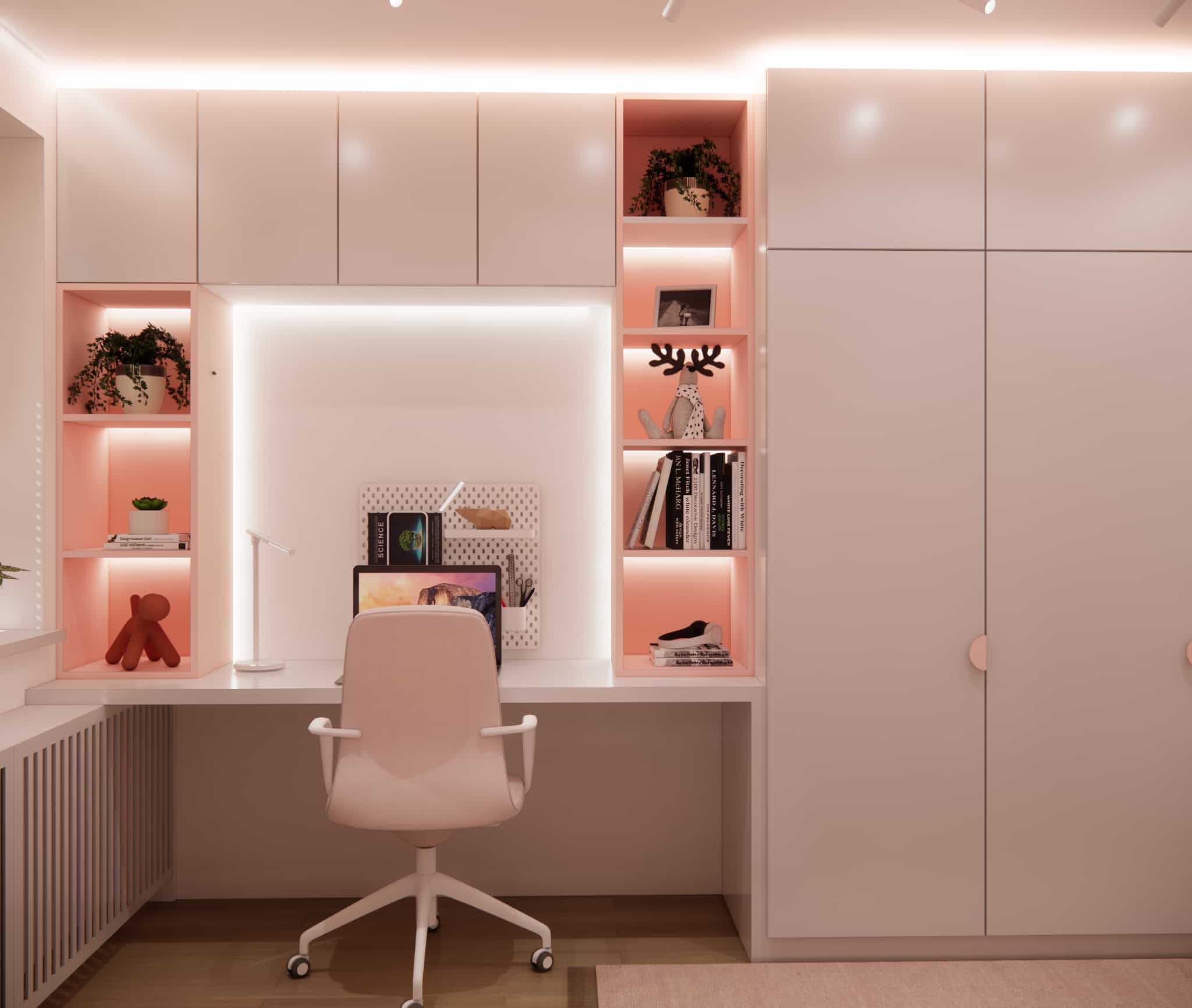 Illuminated shelving unit with books and decorations next to the bed in a pink room for an 11-year-old girl