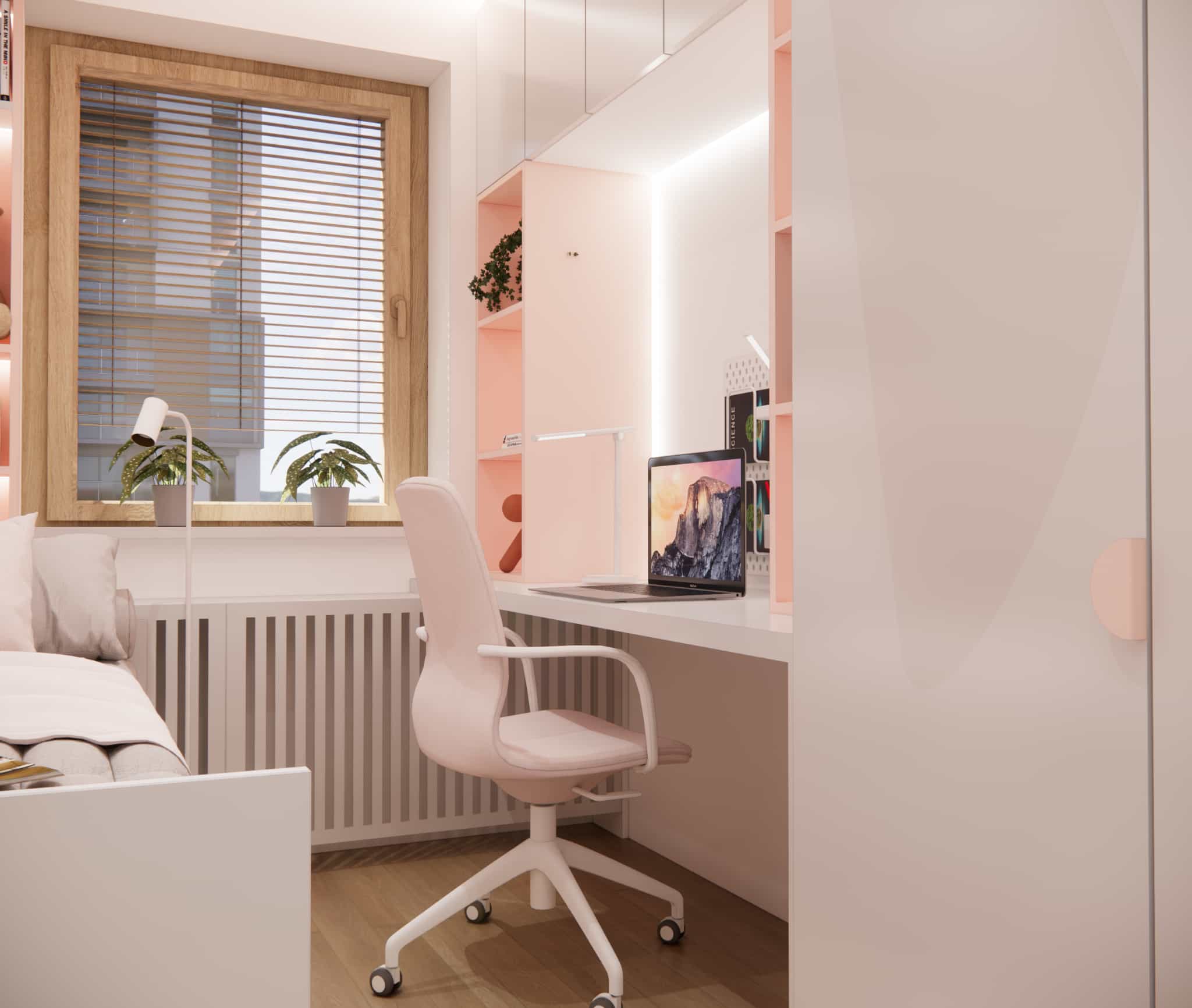 Desk by the window in an 11-year-old girl's room with an ergonomic chair and pink built-in furniture