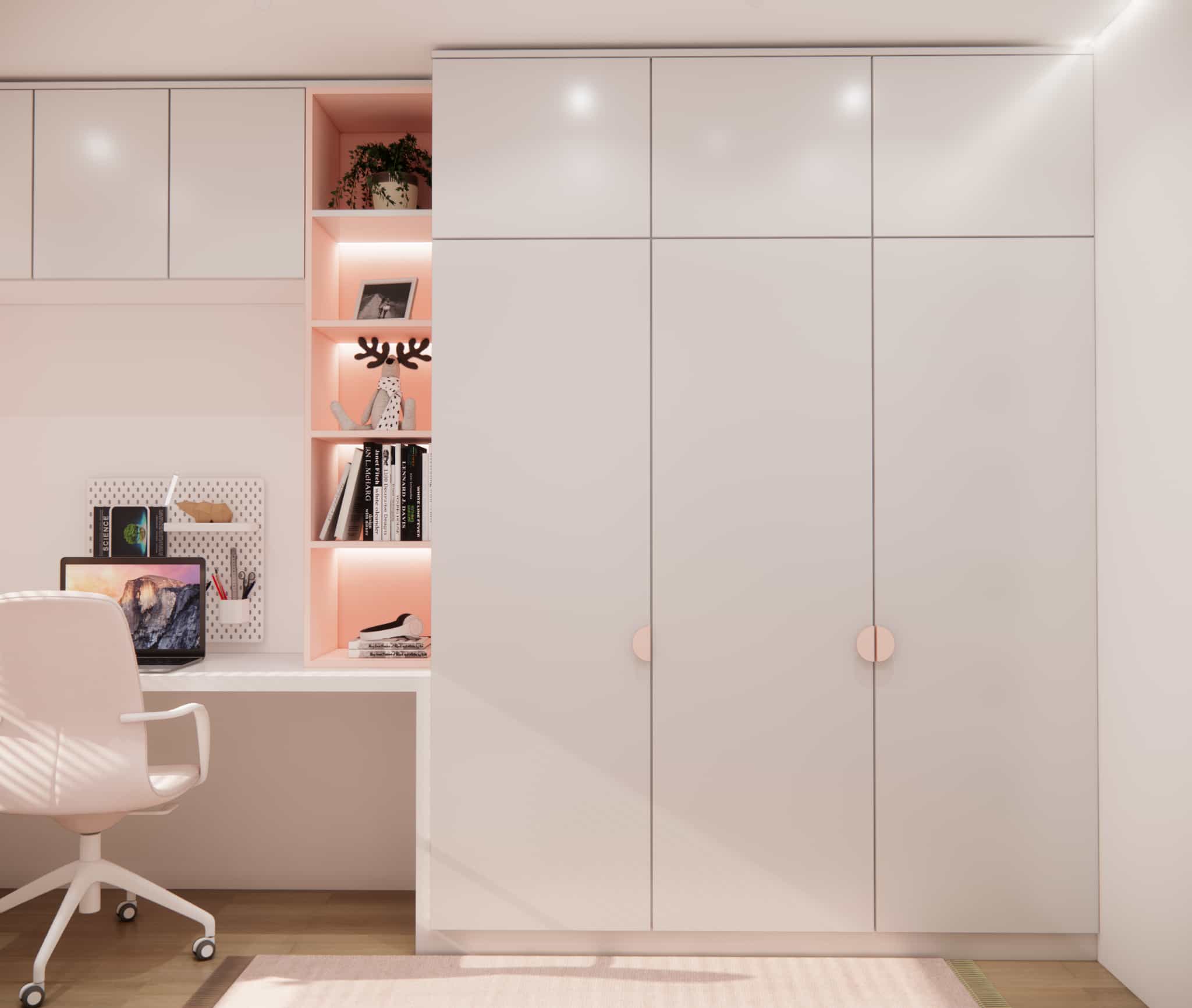 Ceiling-height wardrobe with smooth fronts and pastel handles in a 9 m2 room