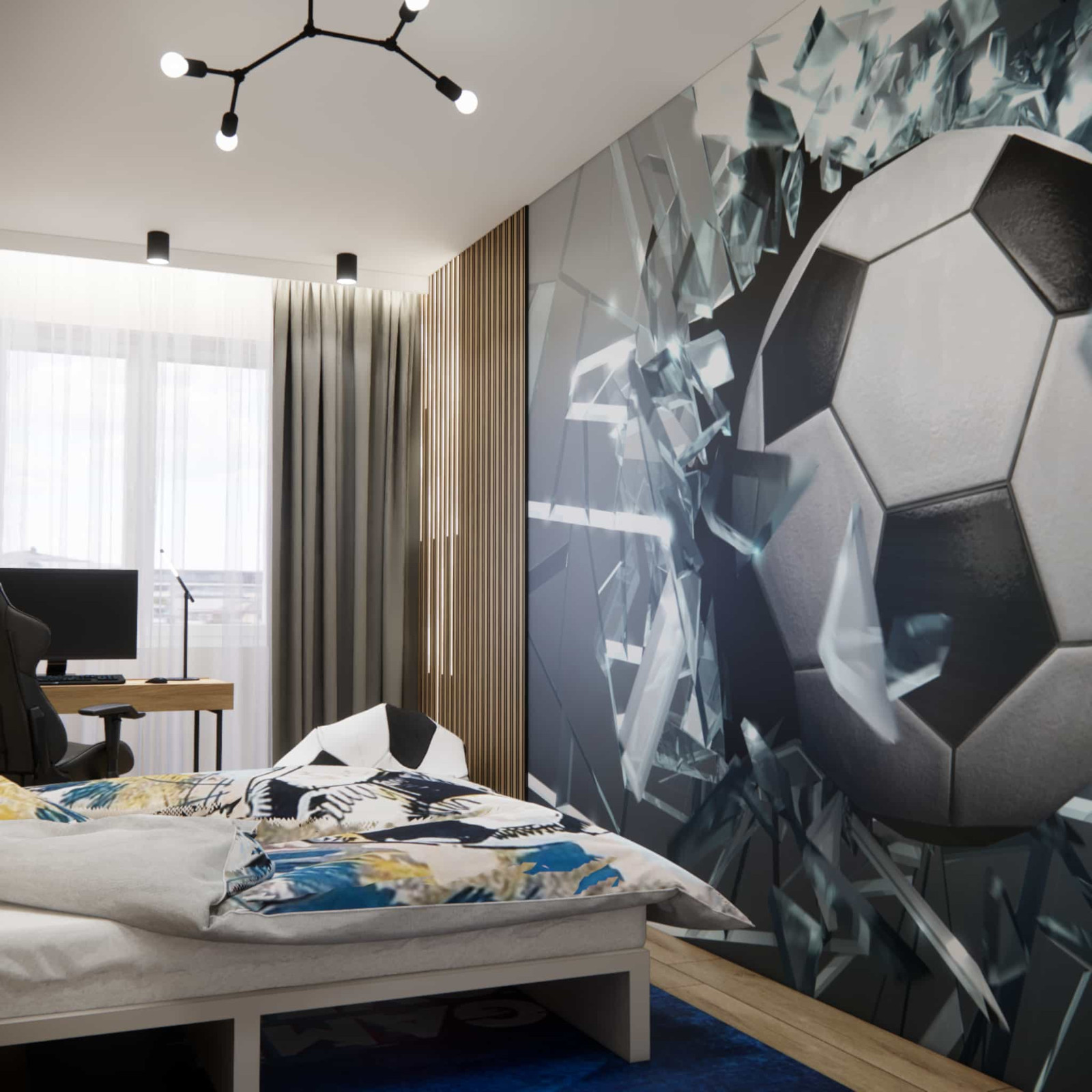 Mural z piłką nożną w pokoju chłopca – sportowa aranżacja wnętrza dla 7-latka