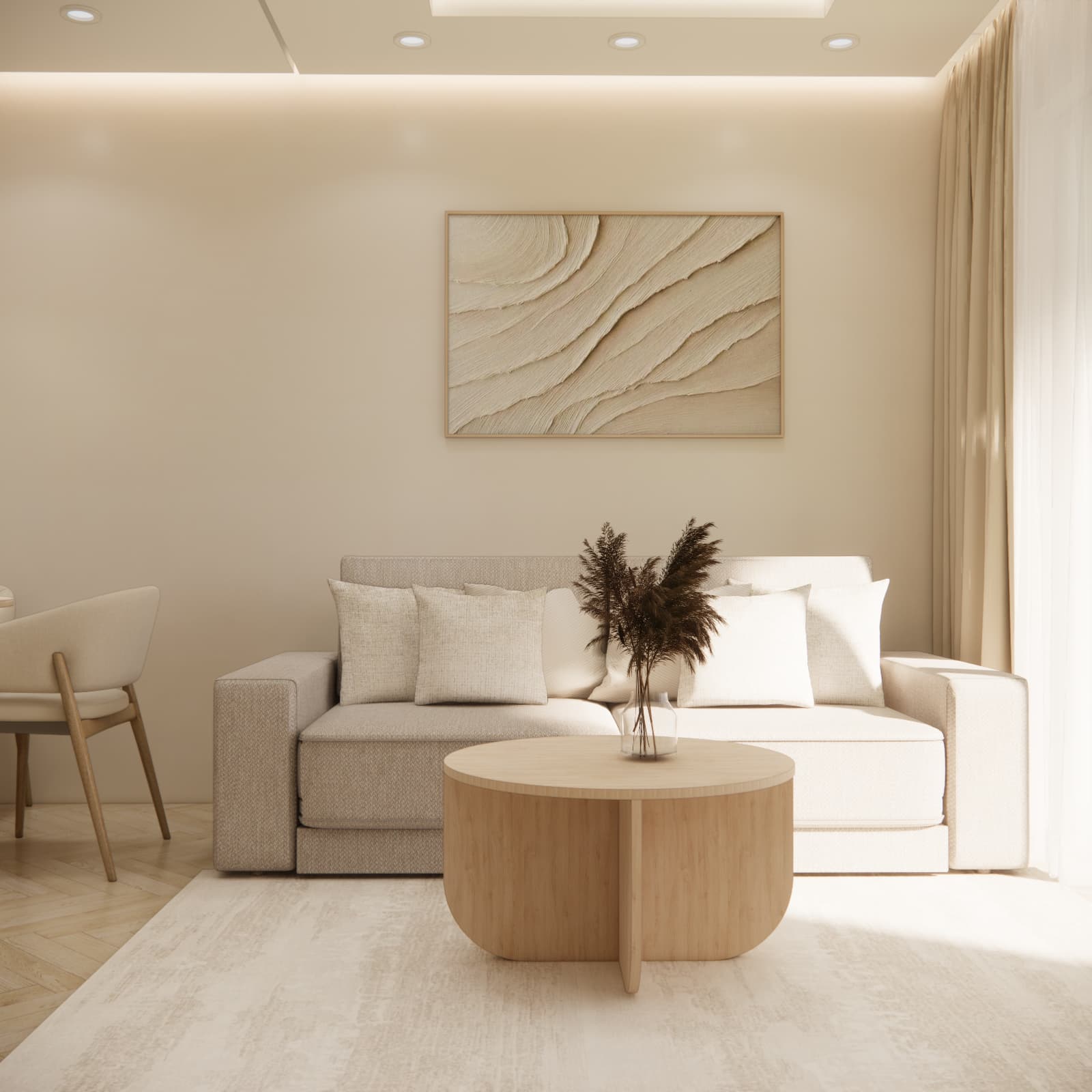 jasny salon z kuchnią w mieszkaniu 45m2 w stylu ciepłego minimalizmu