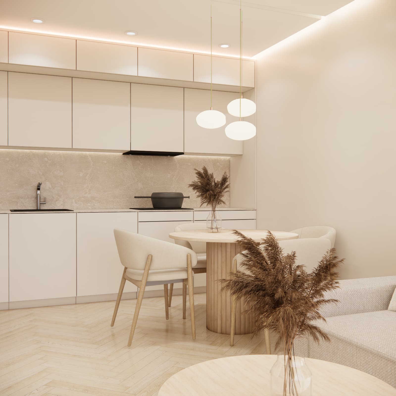minimalistyczna kuchnia z drewnem w mieszkaniu 45m2
