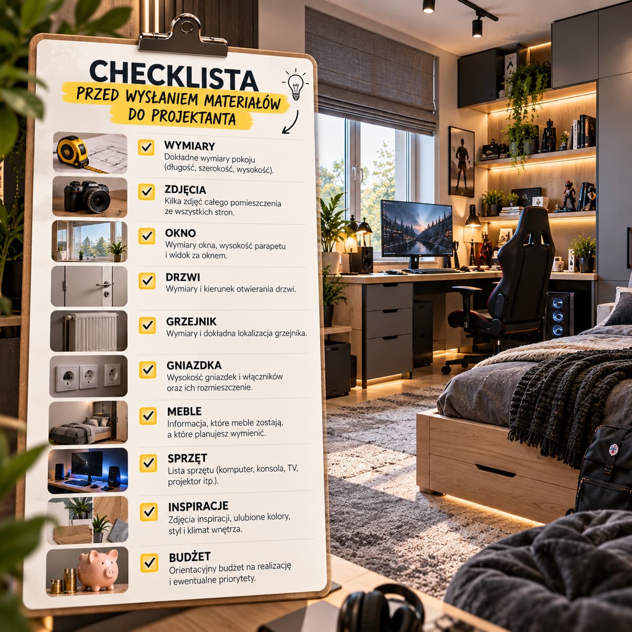 Gotowa checklista przed wysłaniem materiałów do projektanta pokoju młodzieżowego