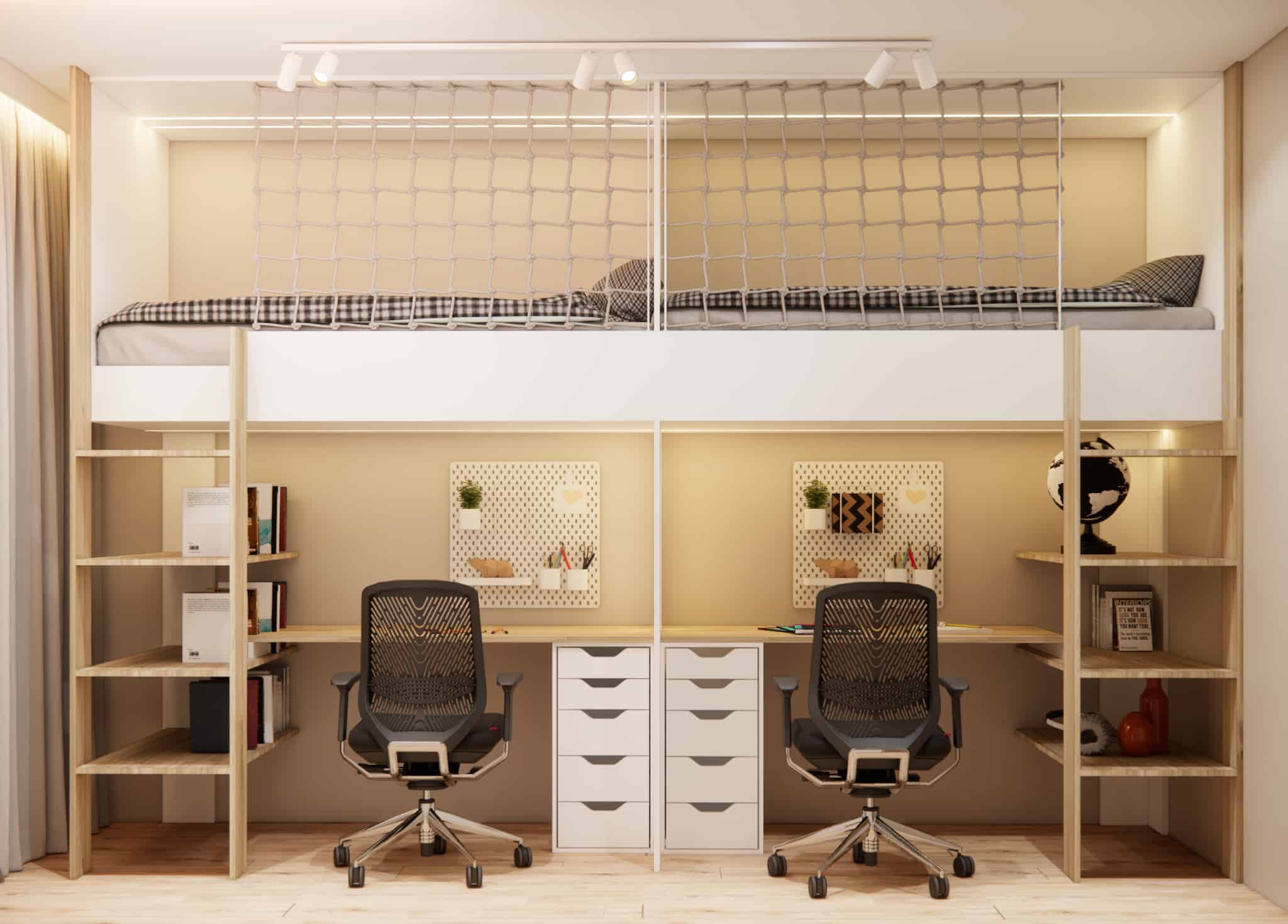Loft with two beds and a double desk in a 10 m2 shared room