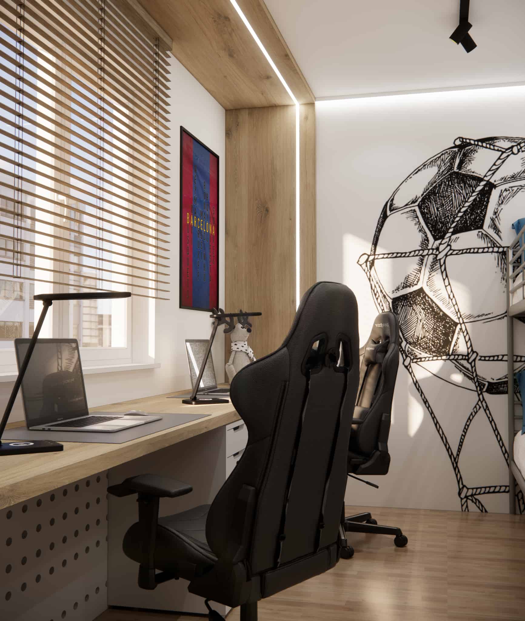 Double study workstation for two boys with a view of a football mural and wooden accents
