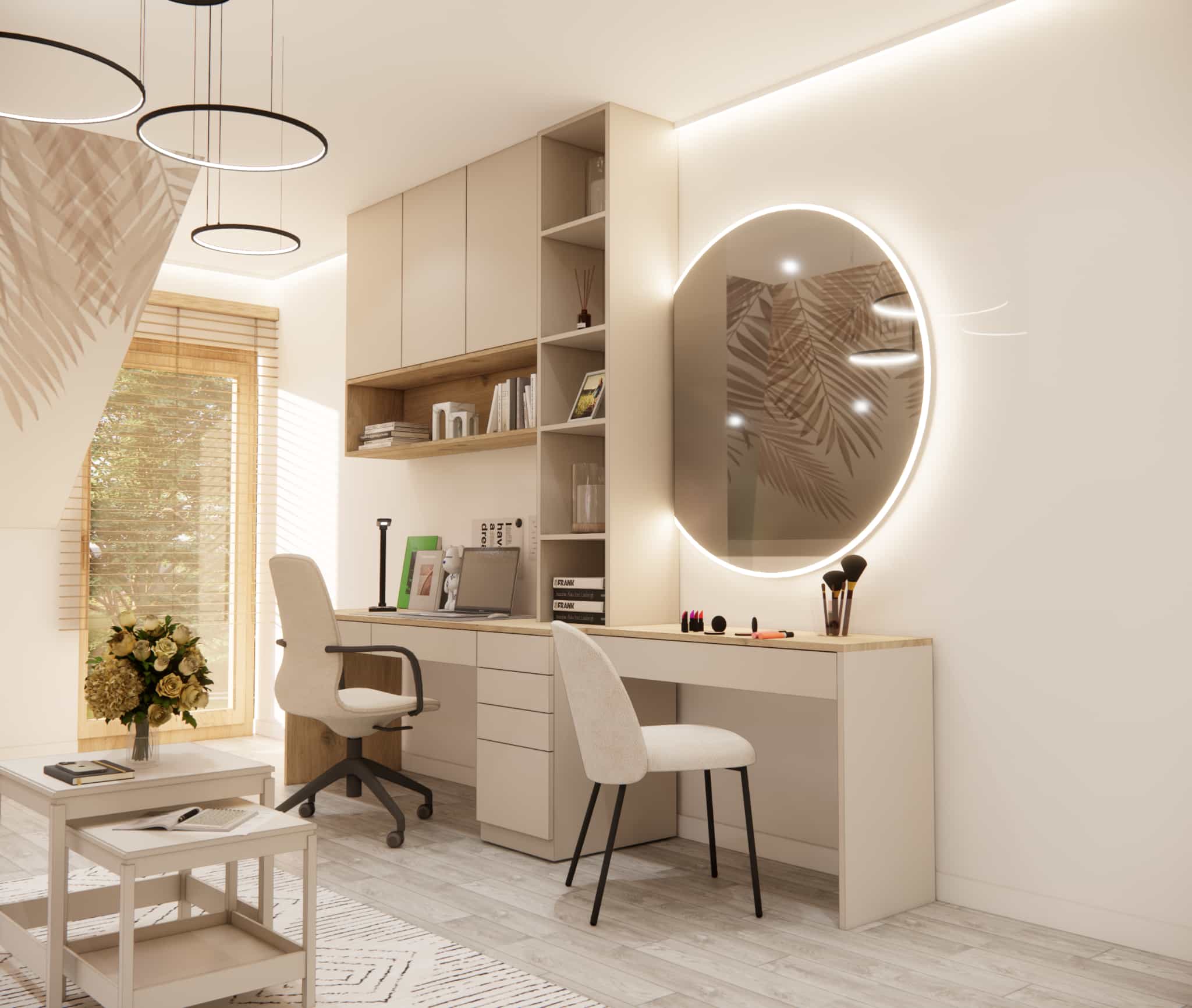 Long worktop combining a desk and vanity with a round illuminated mirror in a bedroom for a 12-year-old girl