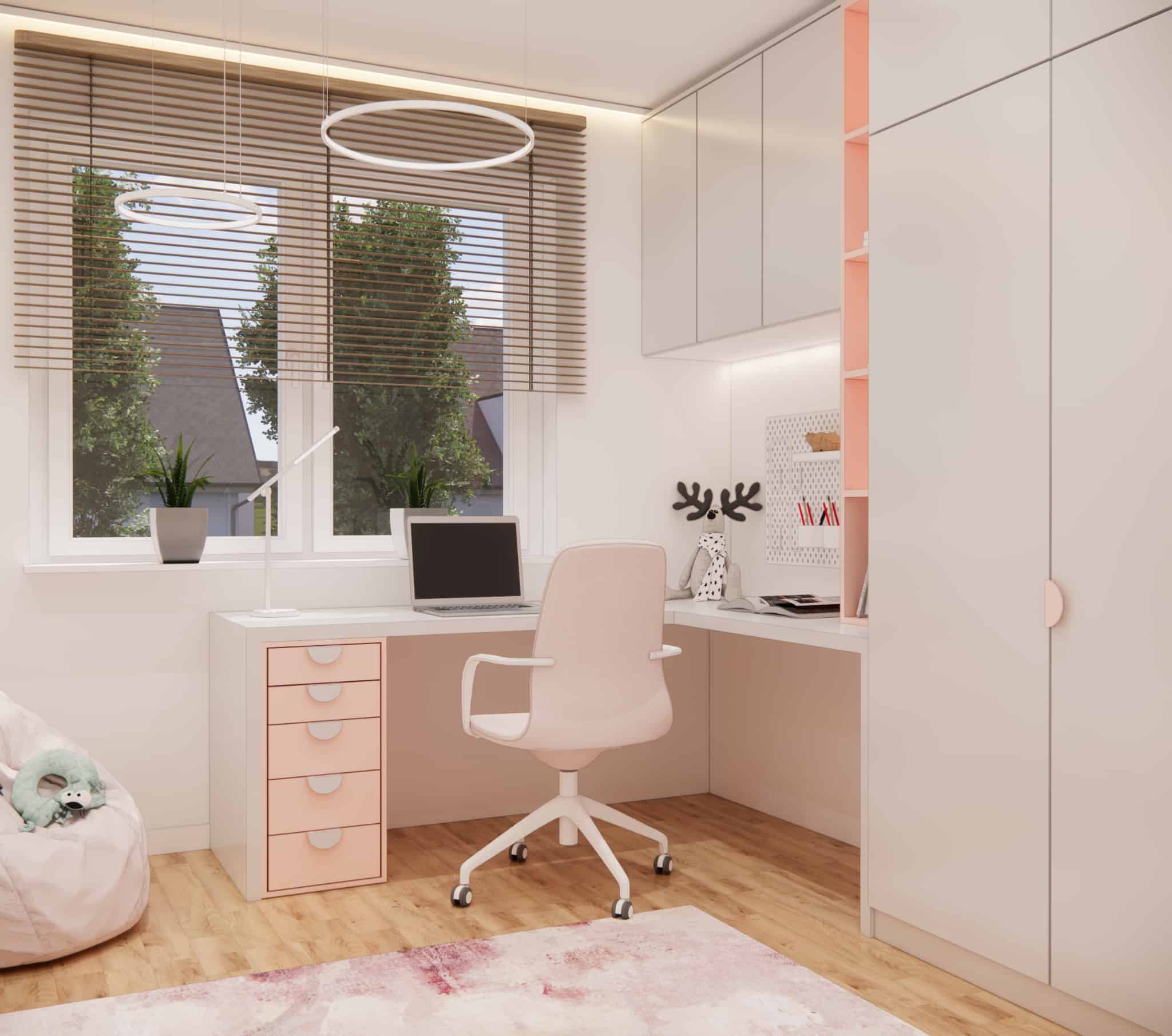 Bedroom for an 8-year-old girl – corner desk with pastel drawers, pink chair, and built-in furniture with LED lighting.