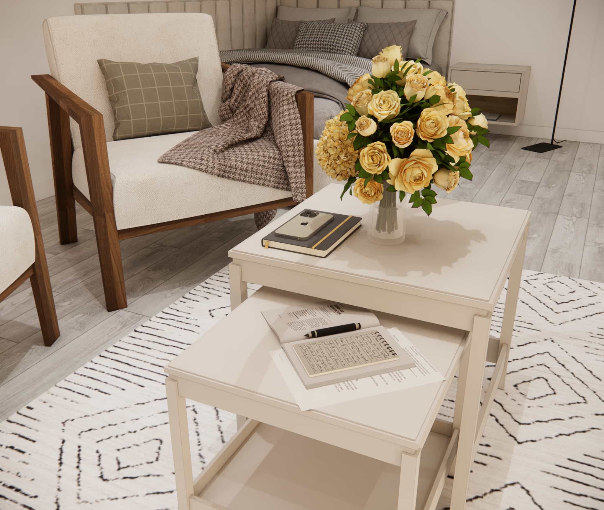 Side table with a bouquet of yellow roses and armchairs in a bedroom for a 12-year-old girl