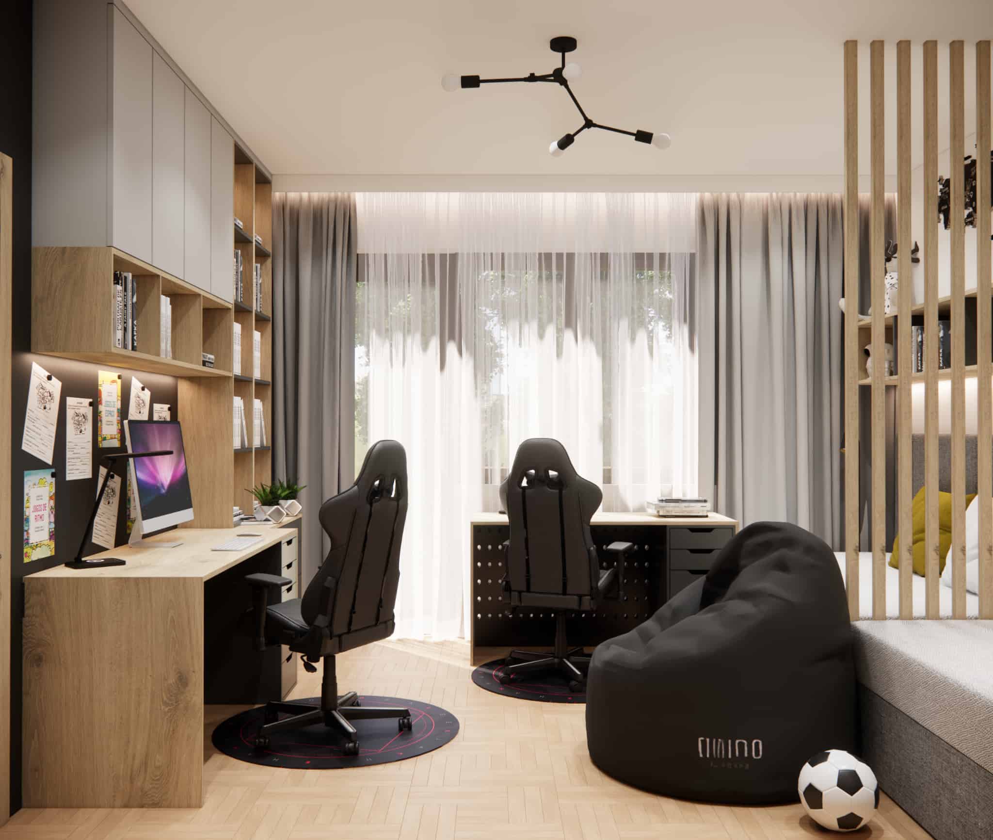 View of two desks, gaming chairs, and a centrally placed pouf in a shared bedroom for two boys