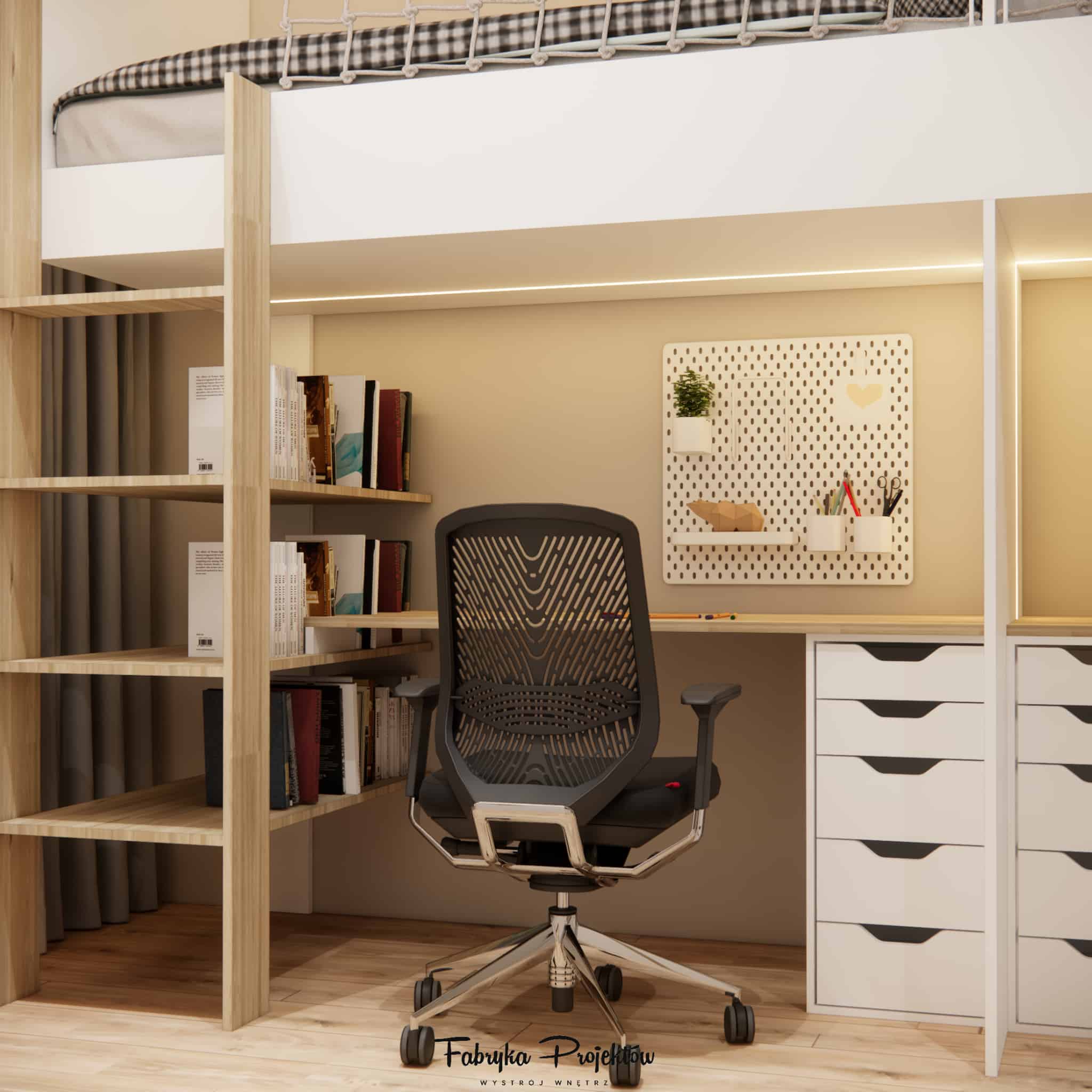 Double desk with shelves and an ergonomic chair in a small 10 m2 sibling room