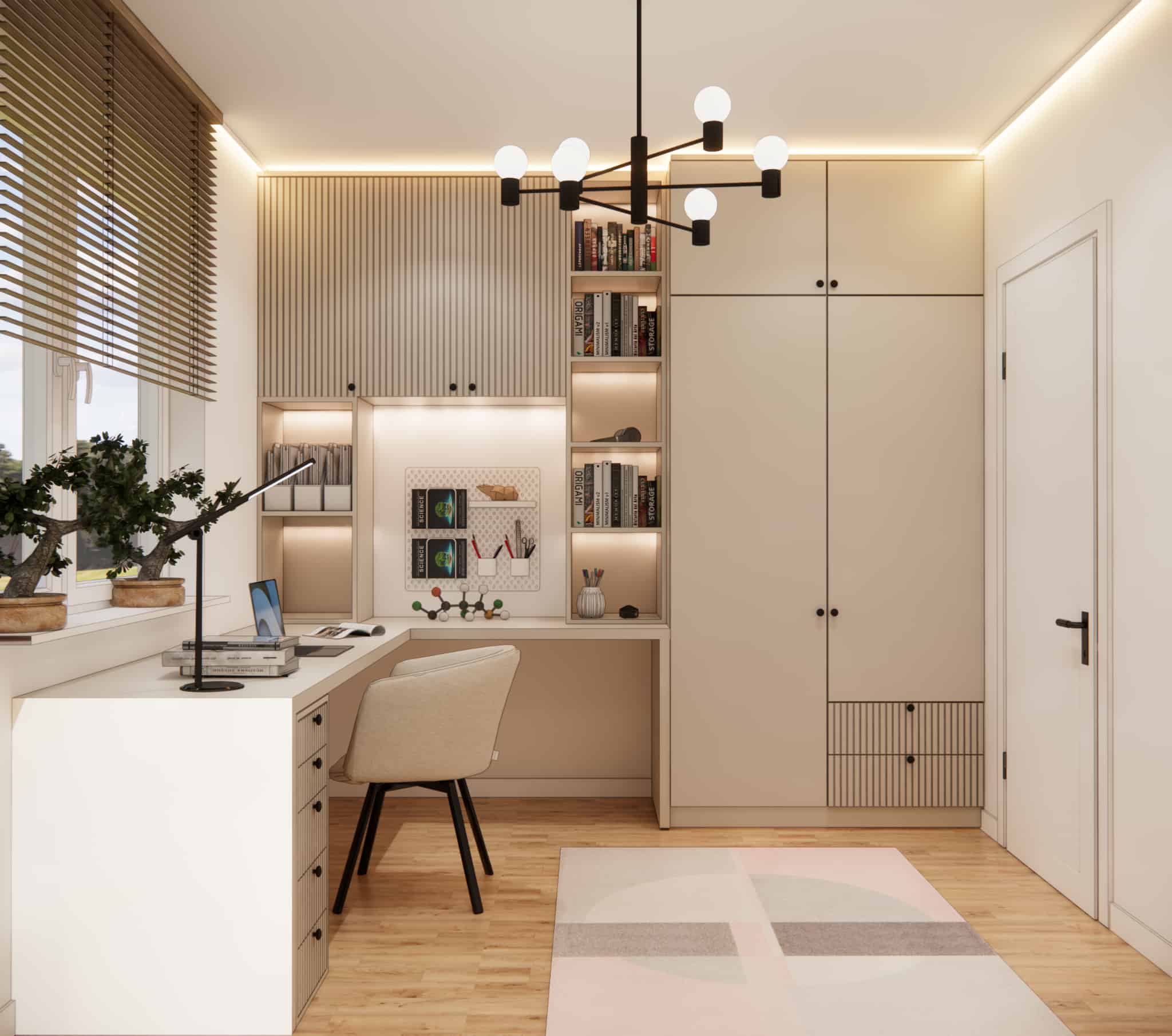 Custom built-in furniture in a girl's room with shelving, a wardrobe, and a corner desk.