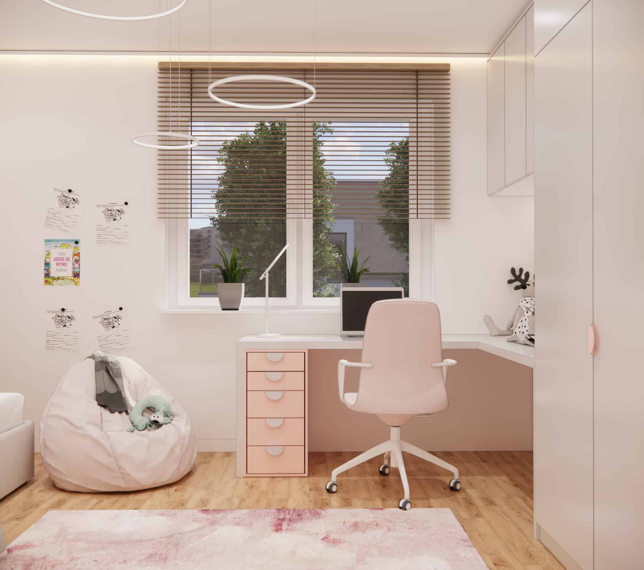 Study area in an 8-year-old girl’s bedroom – large desk by the window, bean bag pouf, and wall decorations.