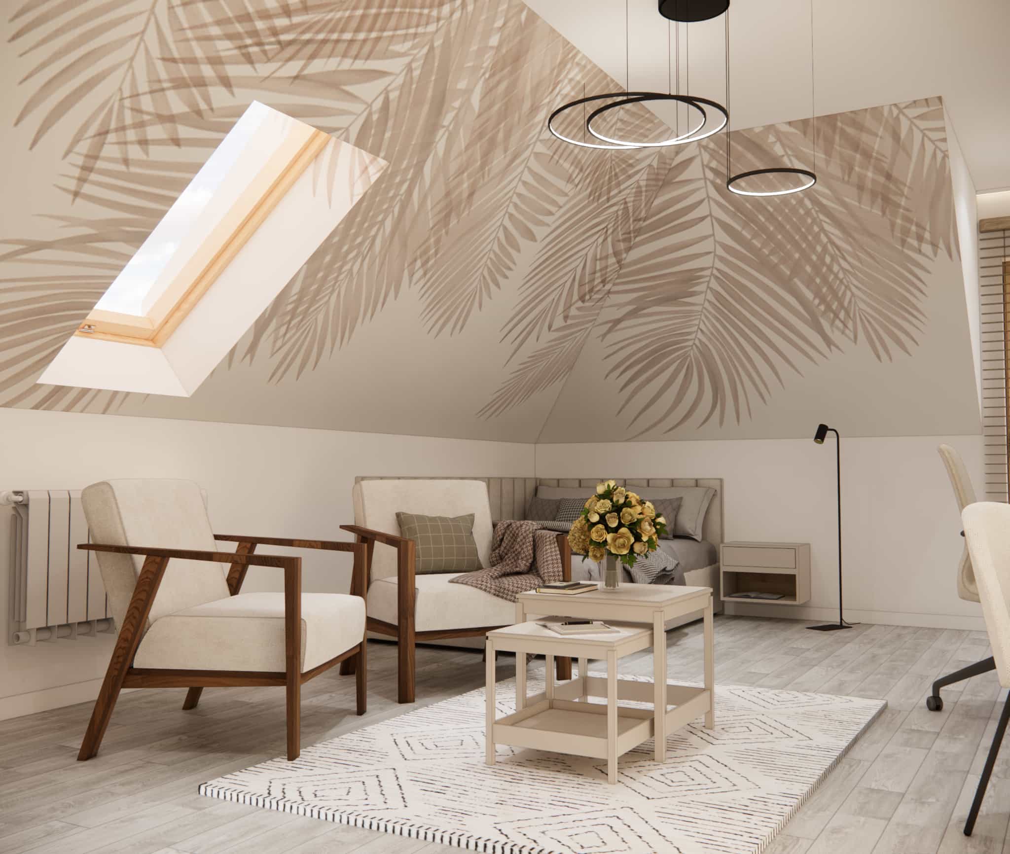 Bedroom for a 12-year-old girl in the attic with a bright arrangement, armchairs, and leaf wall decoration on the sloped ceiling