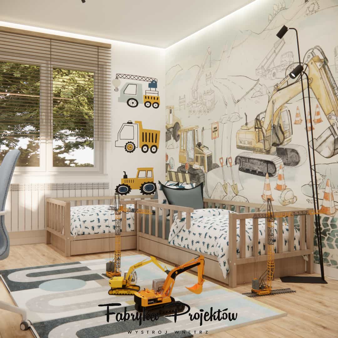 Sleeping area in a boys’ room with beds and construction-themed wallpaper.