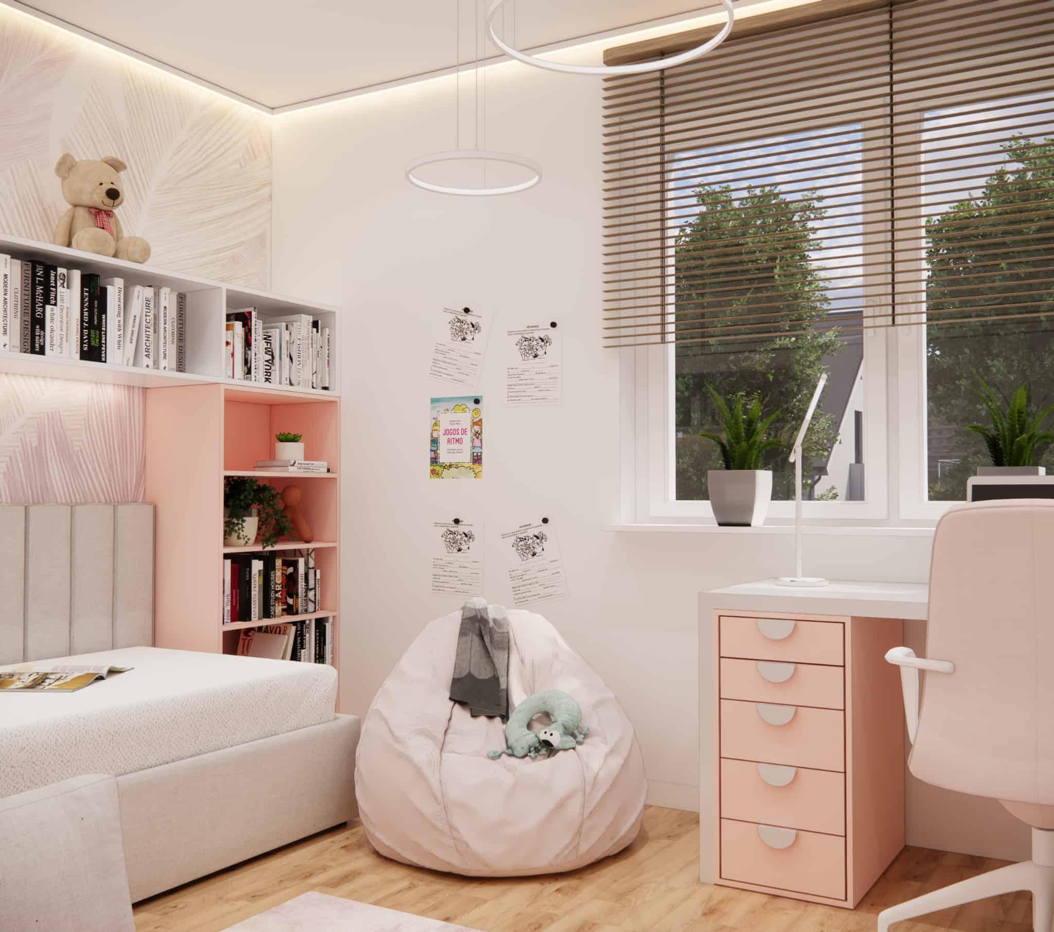 Creative corner with a pouf in a girl’s bedroom – shelves for books, pastel leaf-pattern wallpaper, and wall decorations.