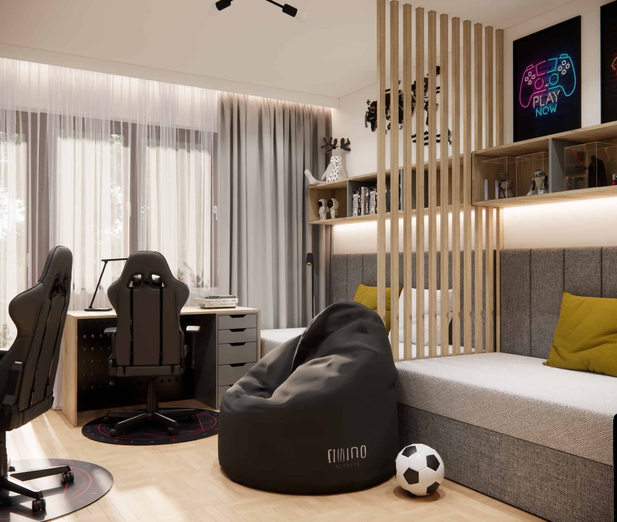 Beanbag pouf placed between two beds separated by slats in a shared boys’ bedroom, with desks visible in the background