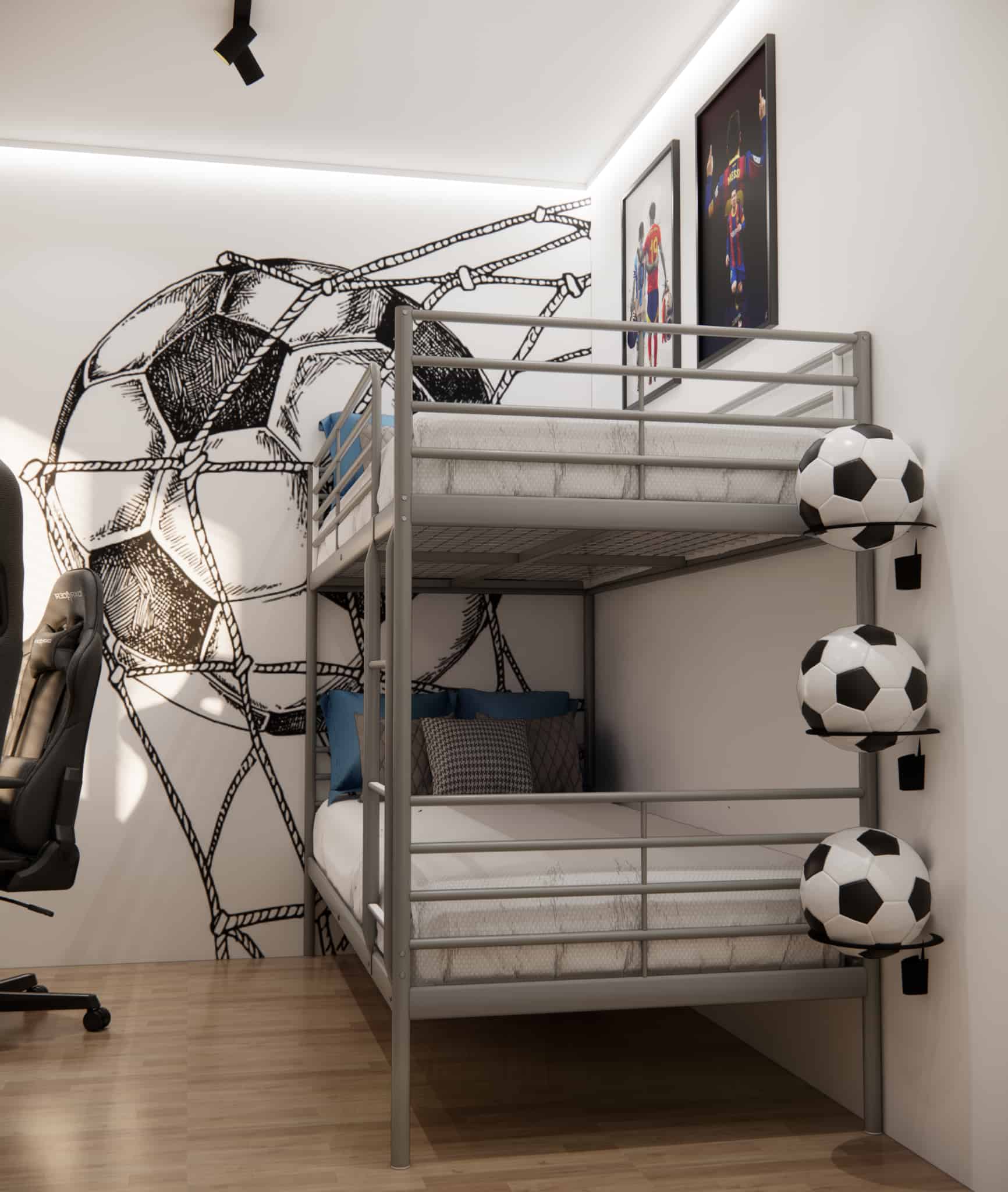 Bunk bed in a boys’ bedroom with decorative football-shaped shelves and football posters