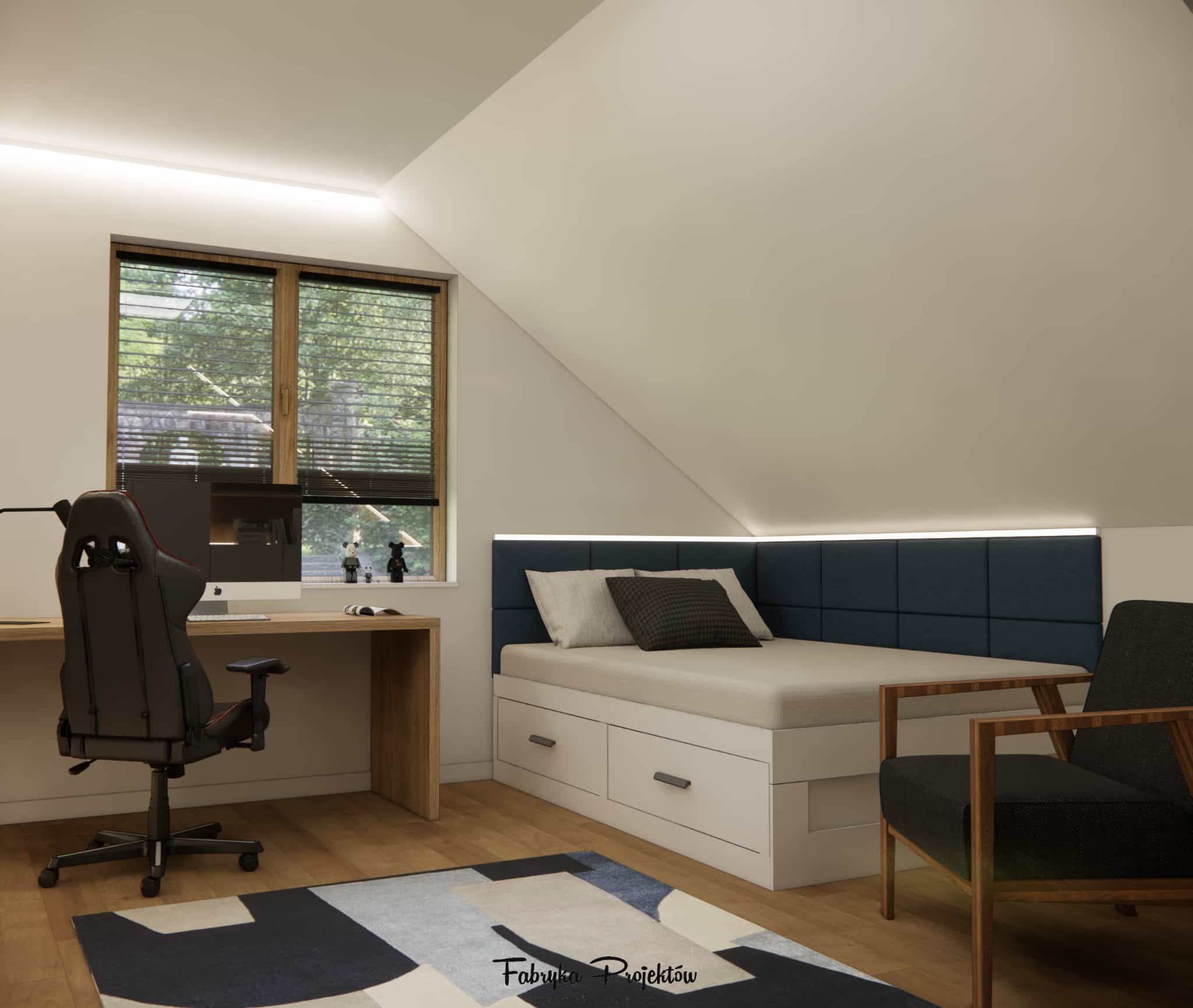 Sleeping area with a bed under the sloped ceiling and an upholstered headboard in an 11-year-old boy’s room