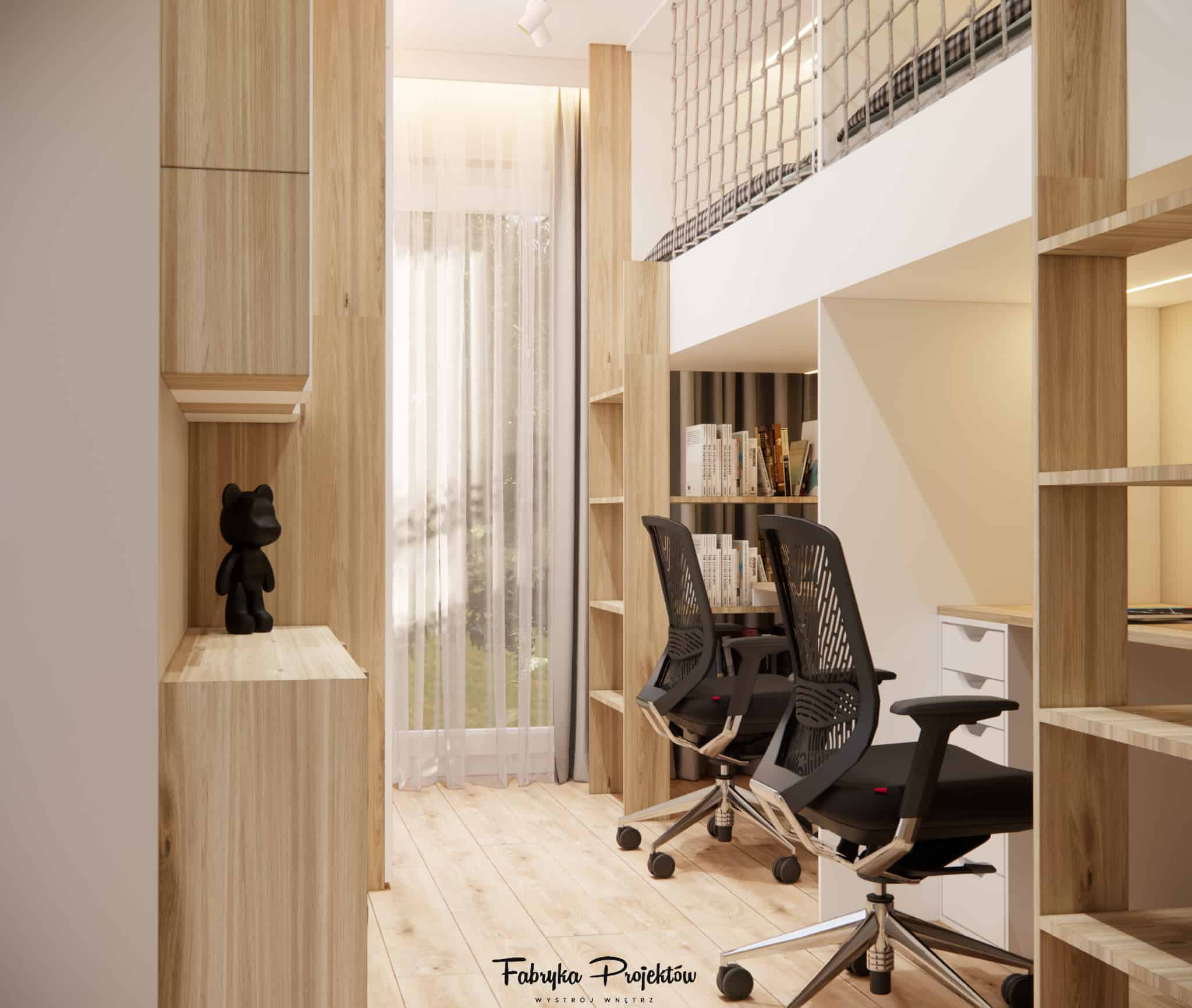View of wood-accented built-ins and two study stations under a loft bed in a girls’ room