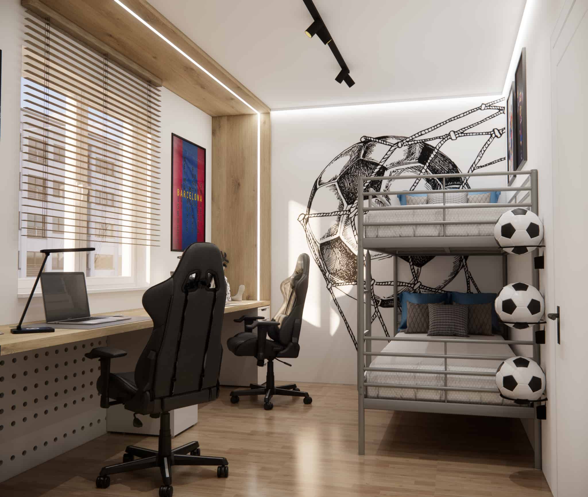 Modern shared bedroom with a large desk, gaming chairs, and a bunk bed for two boys