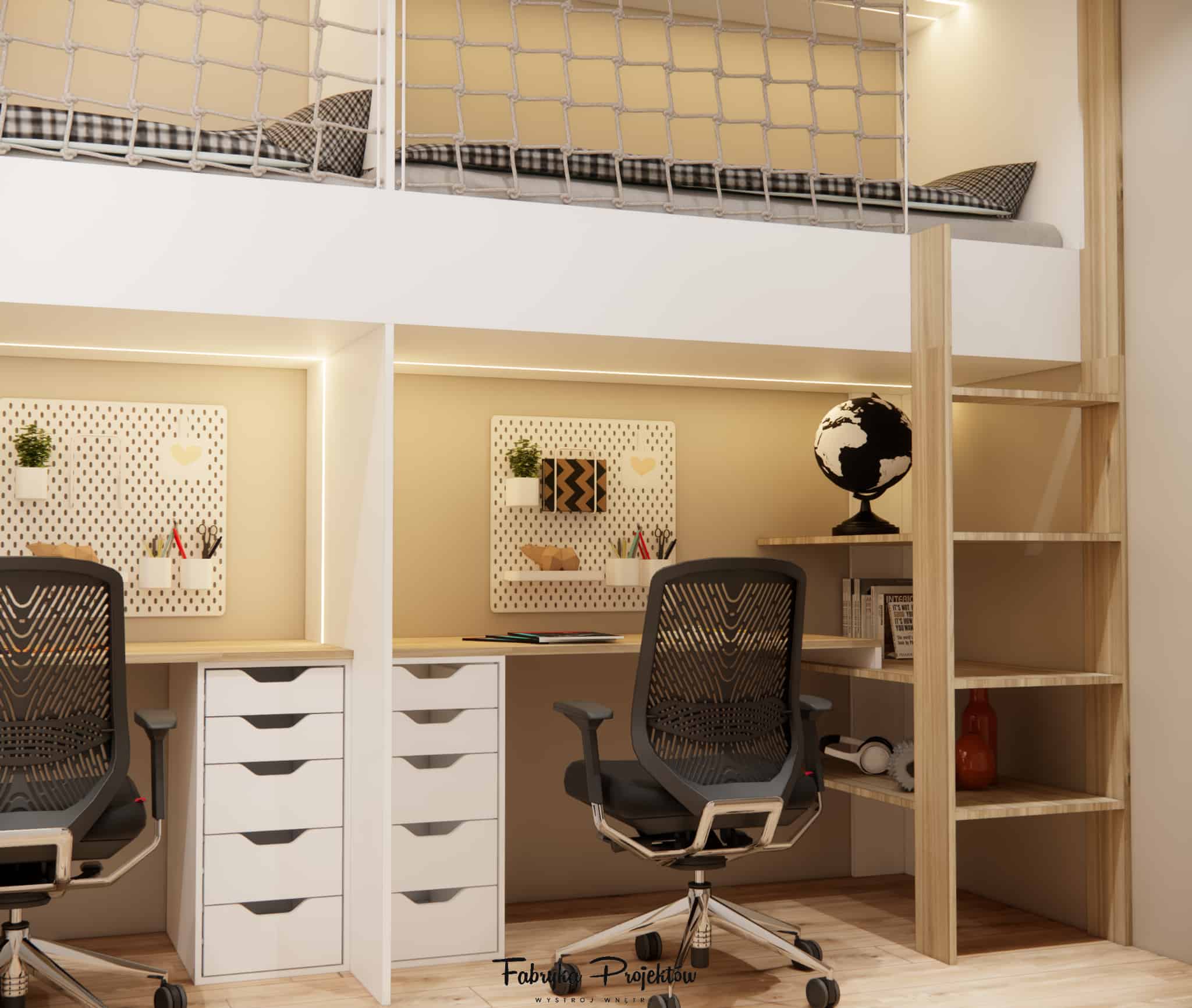 Study area under a loft bed with LED lighting, pegboard, and a comfortable chair