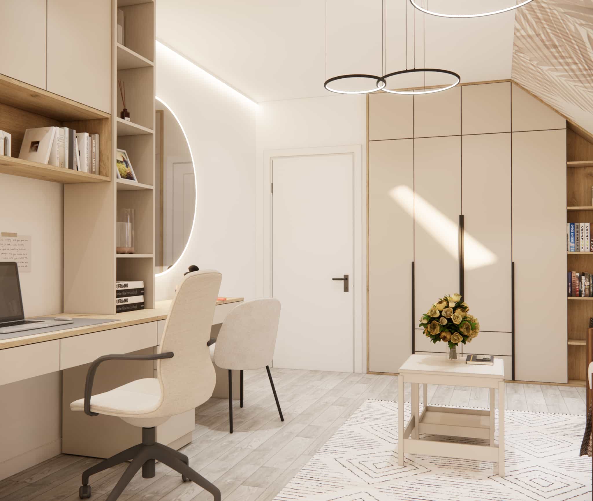 Modern study area with an illuminated mirror and built-in storage up to the ceiling in an attic bedroom for a 12-year-old girl