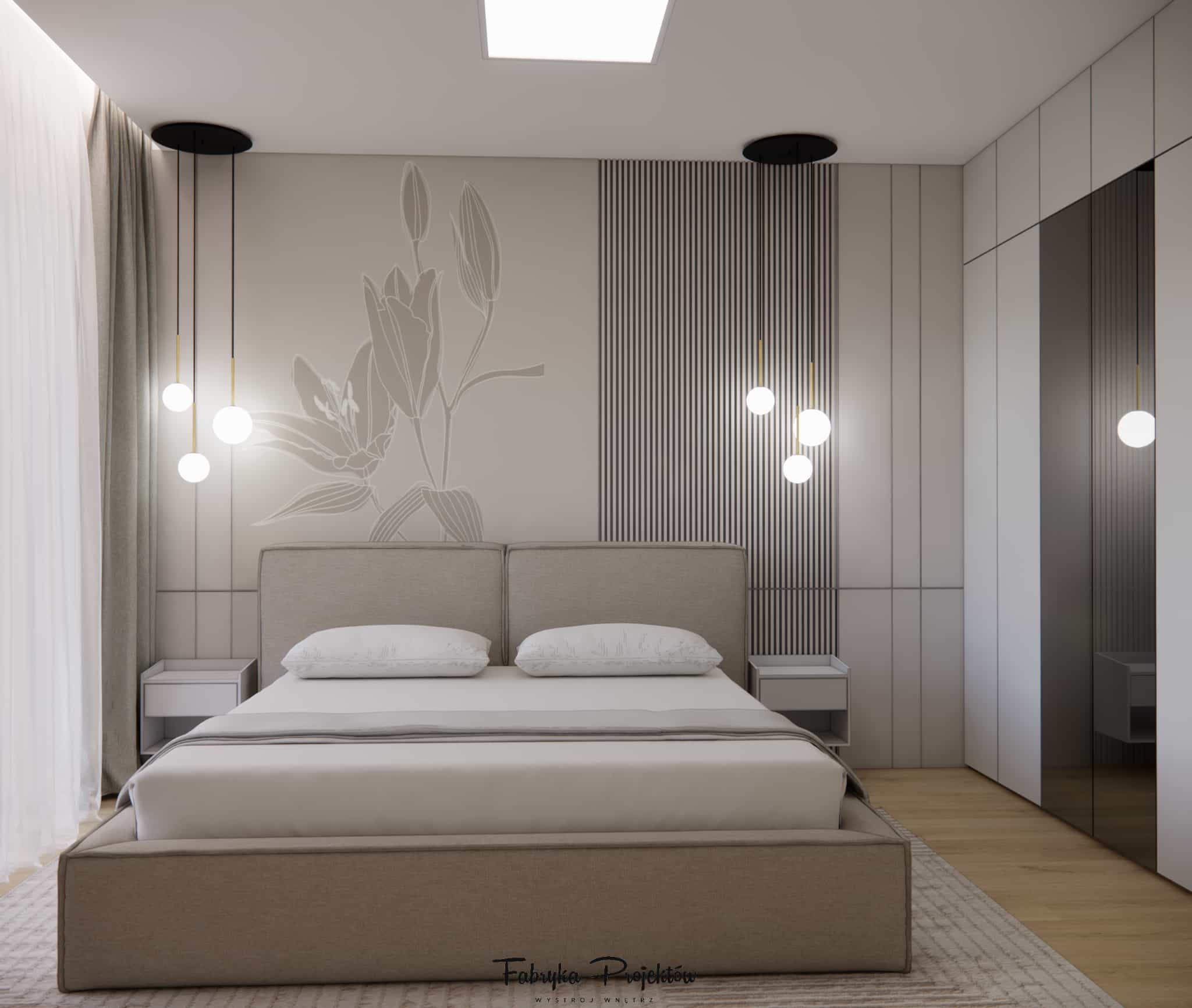 Modern 12 m2 bedroom with a beige upholstered bed, vertical slats, and a subtle floral wall decoration.